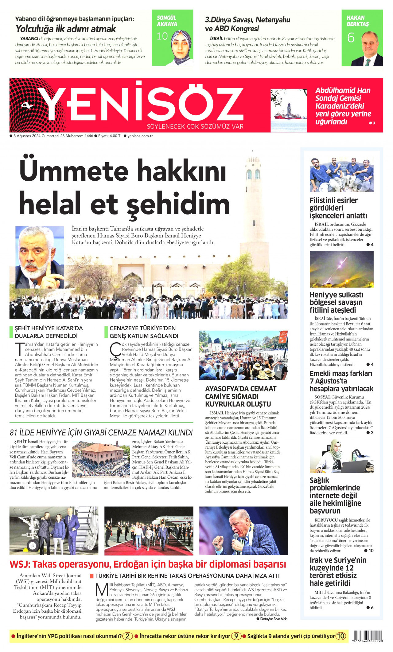 YENİ SÖZ GAZETESİ gazetesinin 3 Ağustos 2024 tarihli birinci sayfası