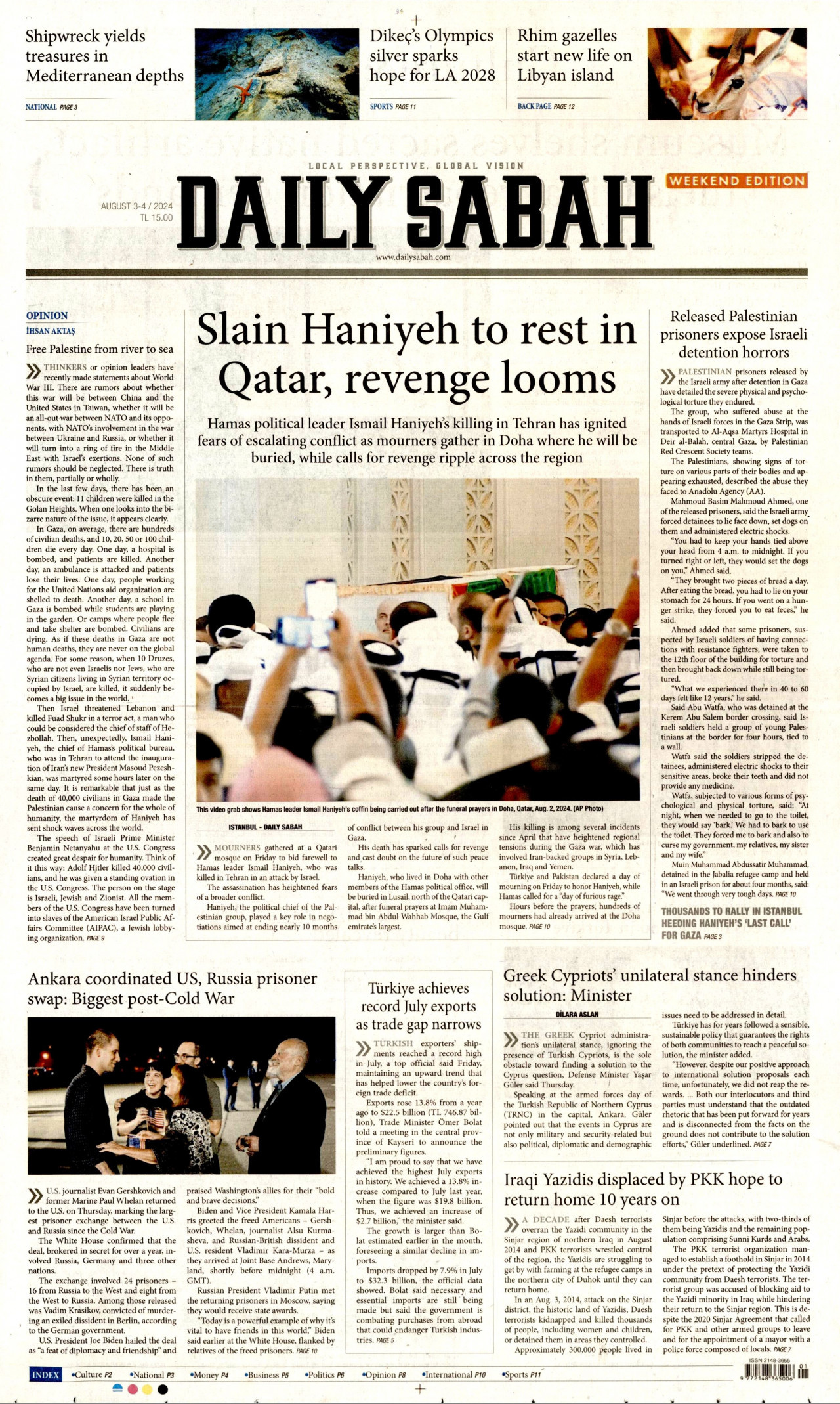 DAİLY SABAH gazetesinin 3 Ağustos 2024 tarihli birinci sayfası