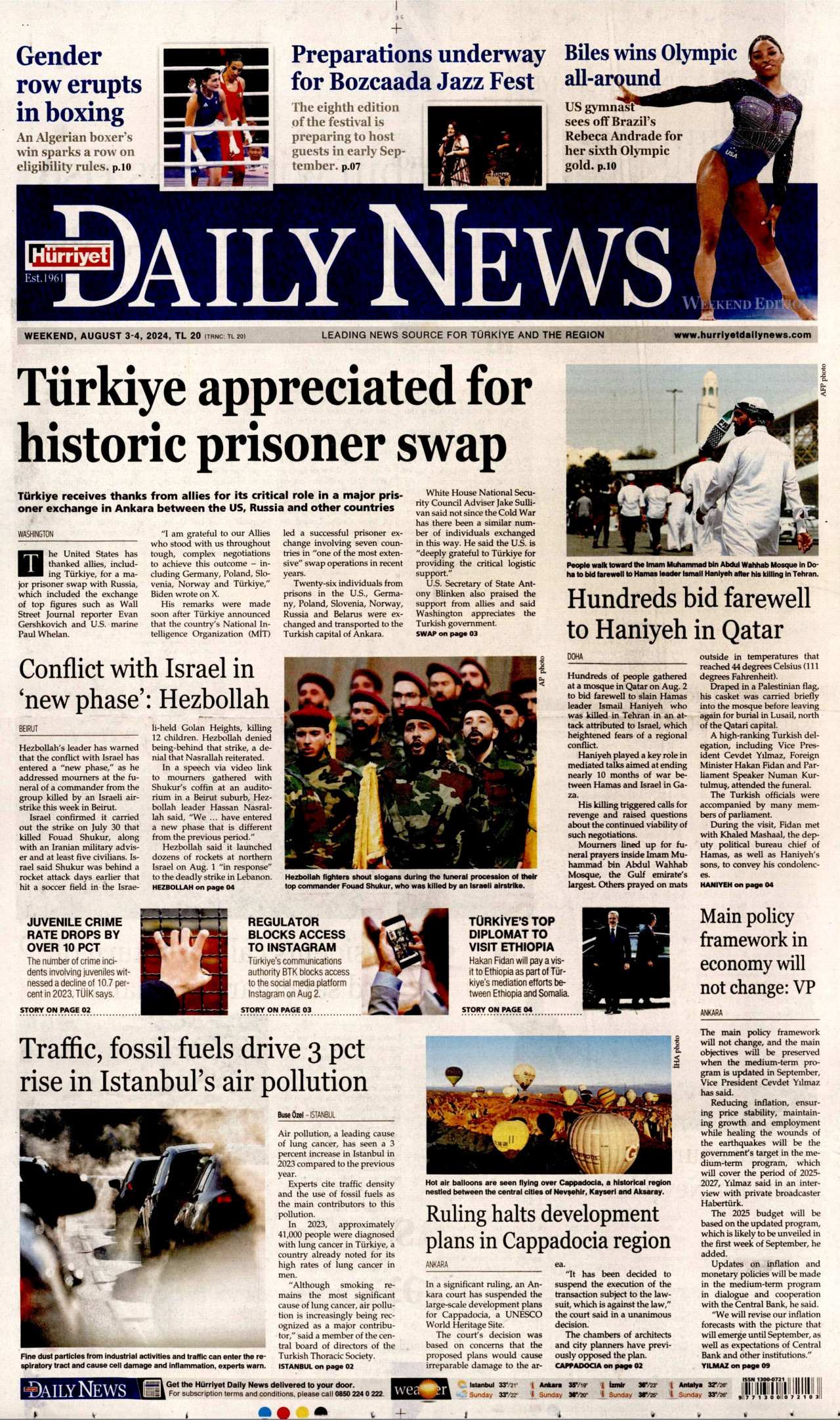 HÜRRİYET DAİLY NEWS gazetesinin 3 Ağustos 2024 tarihli birinci sayfası