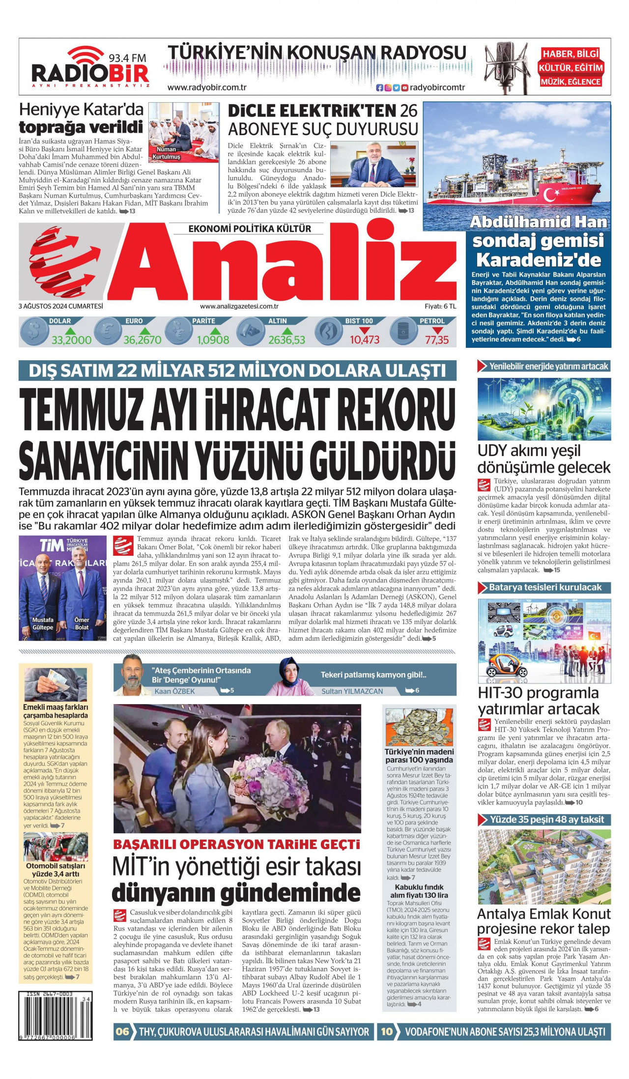 ANALİZ gazetesinin 3 Ağustos 2024 tarihli birinci sayfası