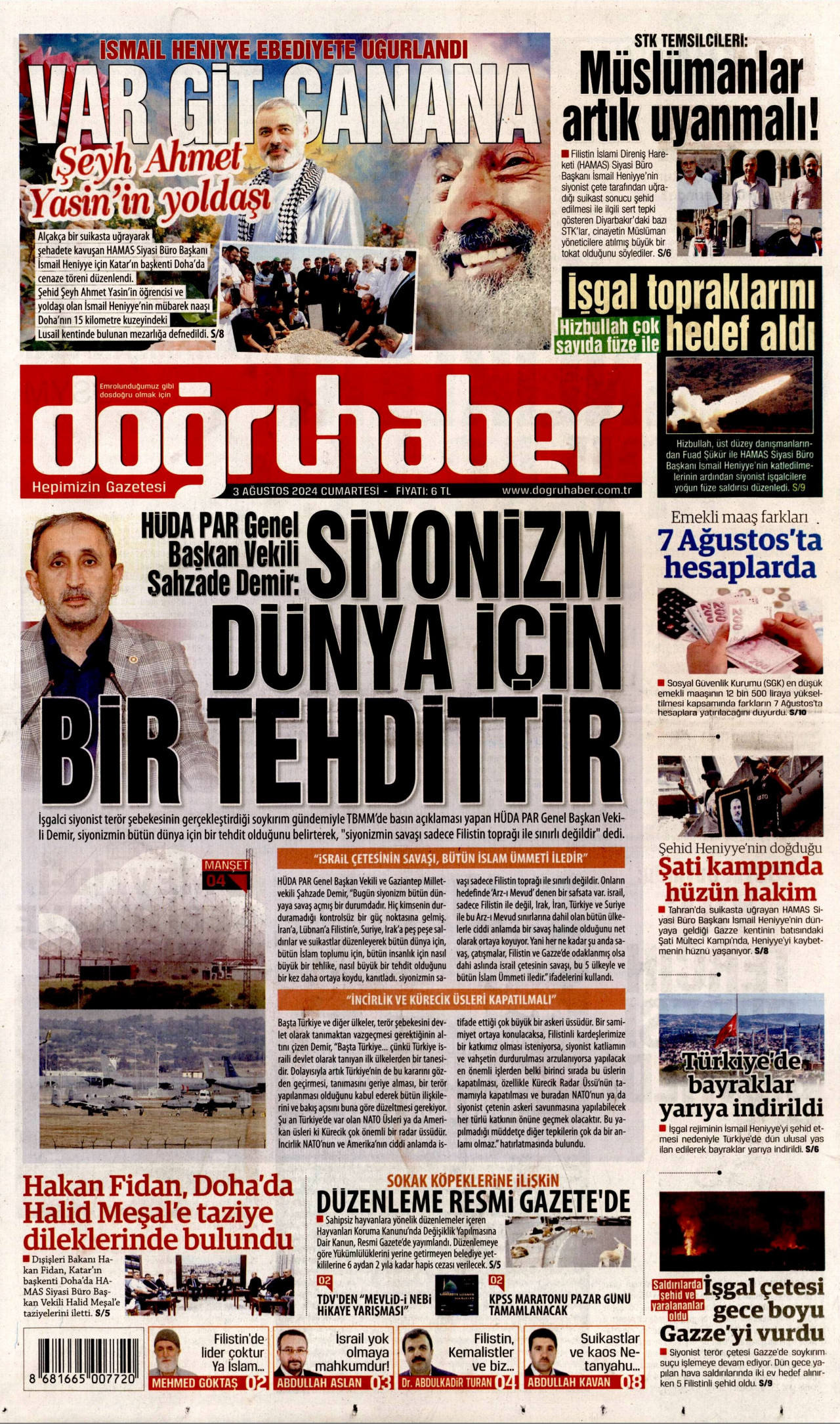 DOĞRU HABER gazetesinin 3 Ağustos 2024 tarihli birinci sayfası