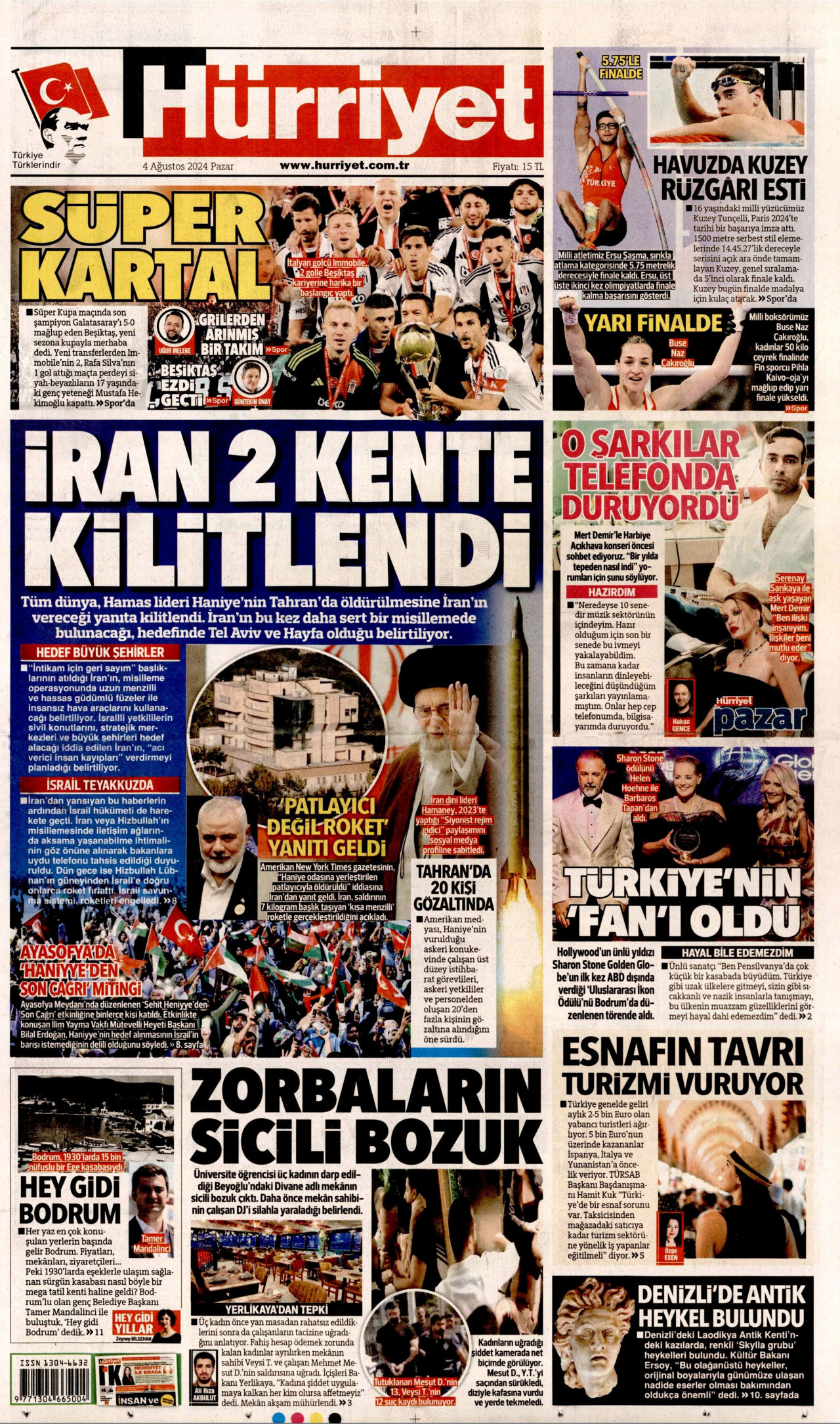 HÜRRİYET gazetesinin 4 Ağustos 2024 tarihli birinci sayfası