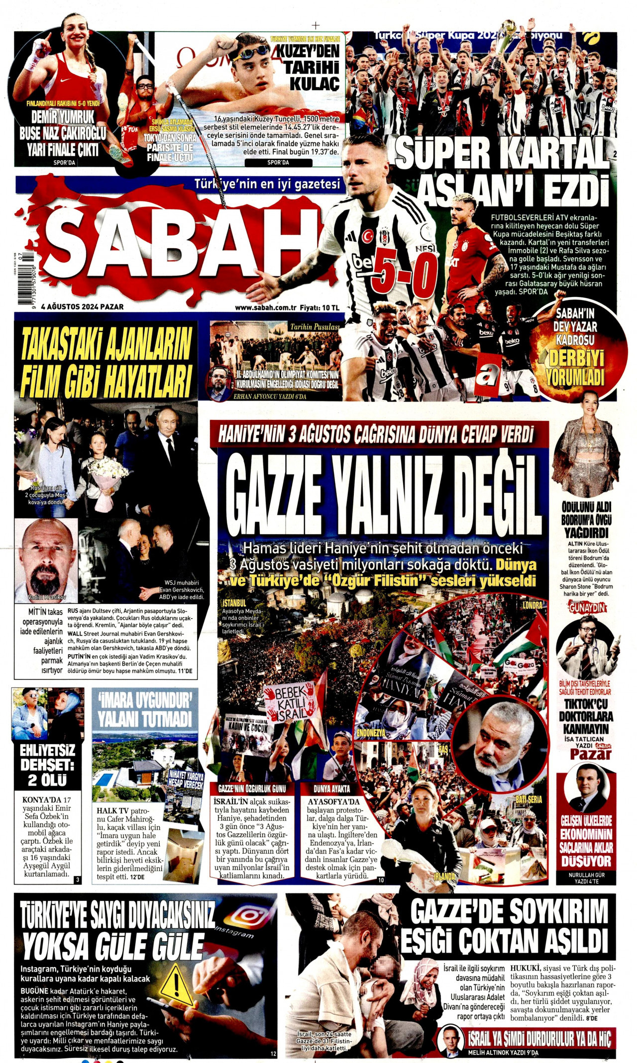 SABAH gazetesinin 4 Ağustos 2024 tarihli birinci sayfası