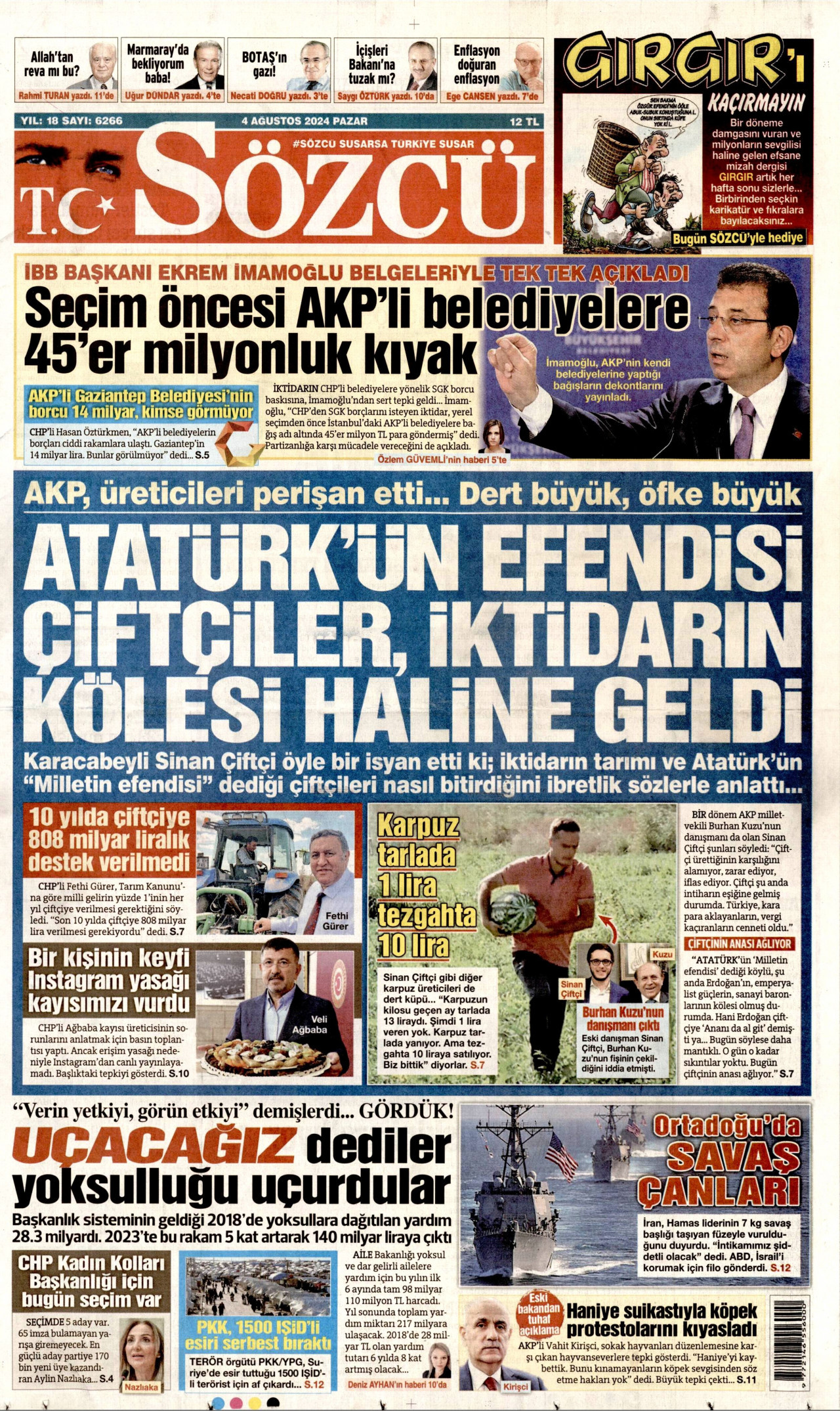 SÖZCÜ gazetesinin 4 Ağustos 2024 tarihli birinci sayfası
