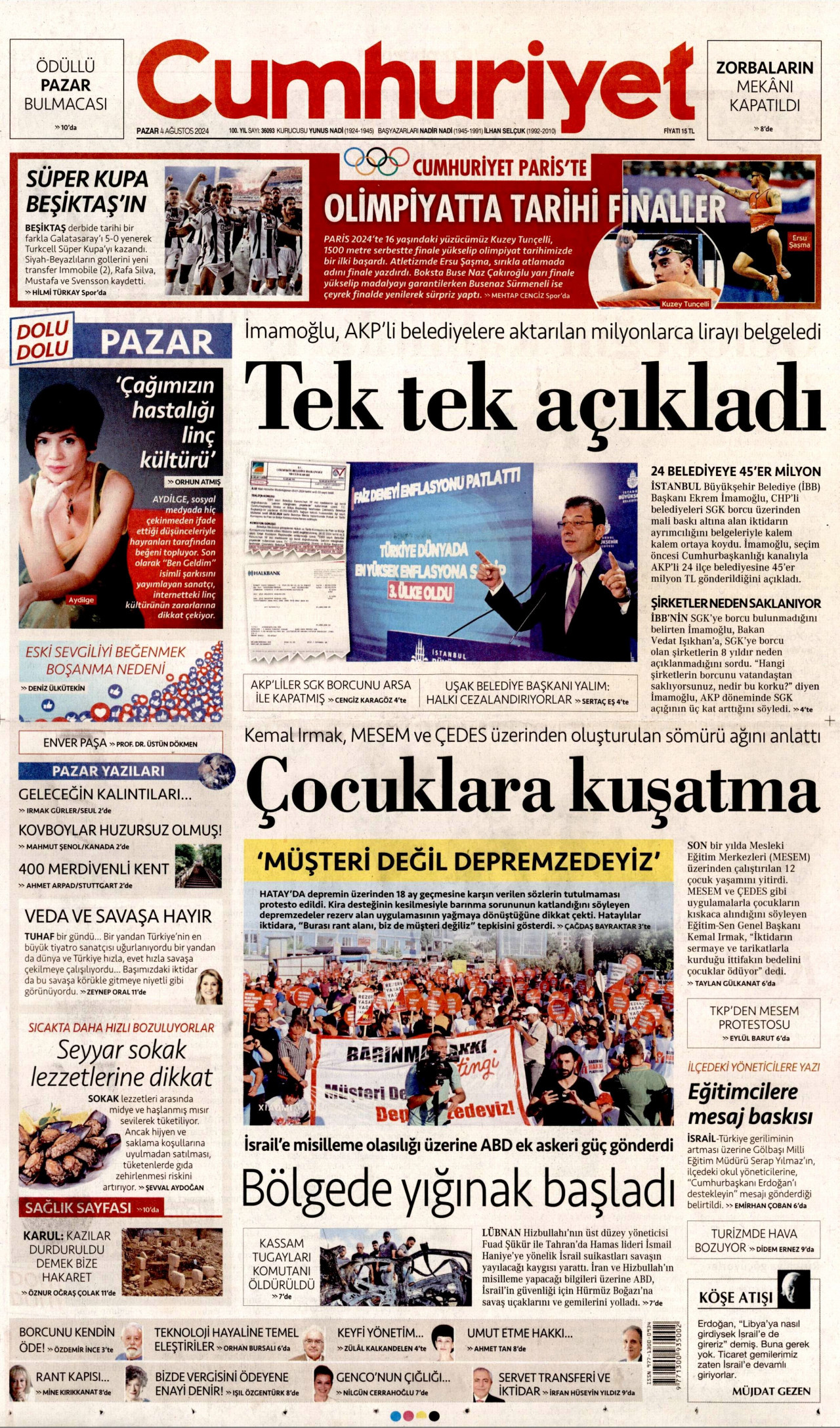 CUMHURİYET gazetesinin 4 Ağustos 2024 tarihli birinci sayfası
