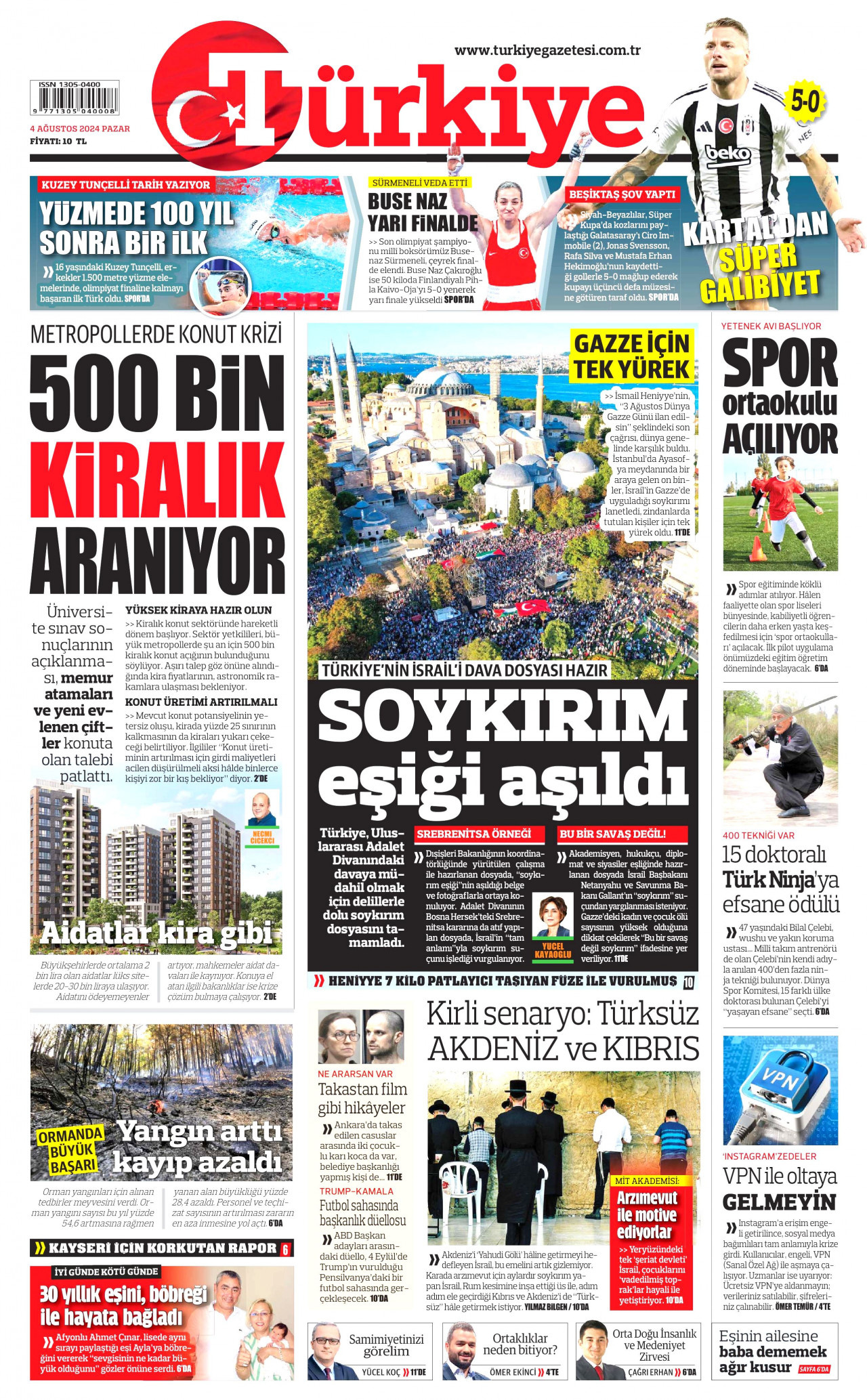 TÜRKİYE GAZETESİ gazetesinin 4 Ağustos 2024 tarihli birinci sayfası