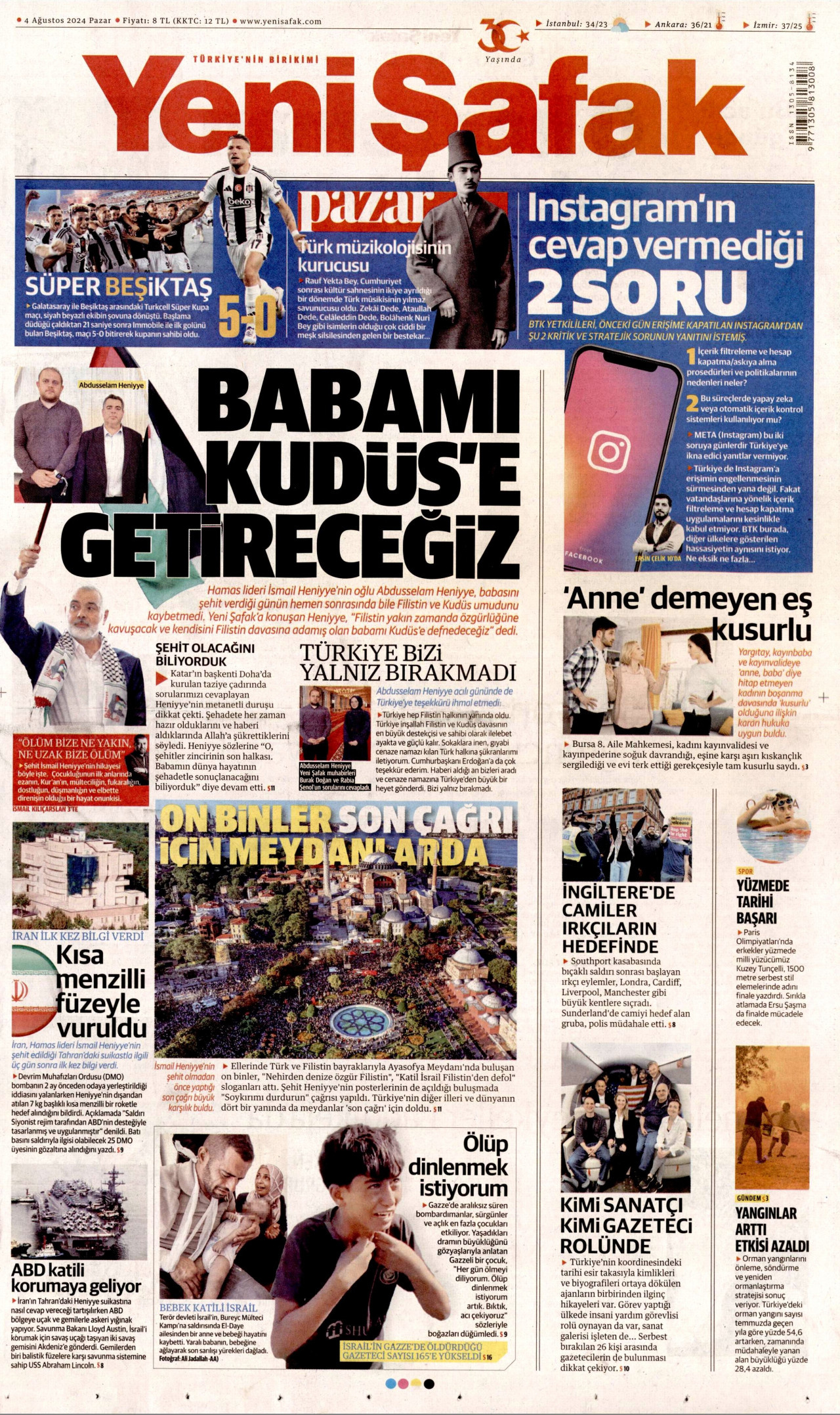 YENİ ŞAFAK gazetesinin 4 Ağustos 2024 tarihli birinci sayfası