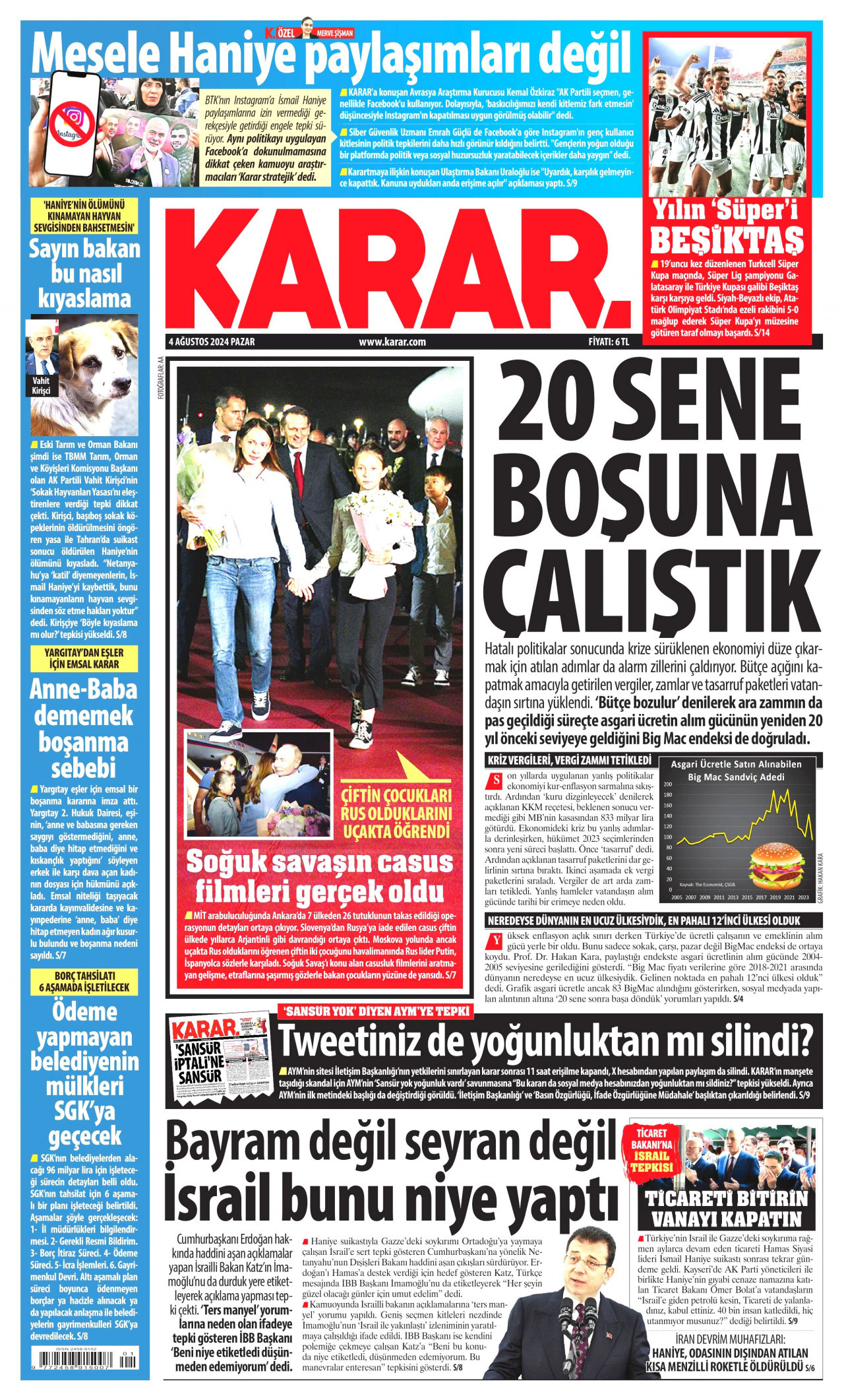 KARAR gazetesinin 4 Ağustos 2024 tarihli birinci sayfası