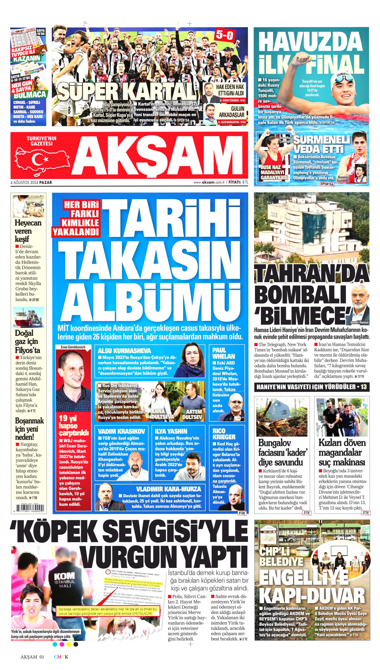 AKŞAM gazetesinin 4 Ağustos 2024 tarihli birinci sayfası