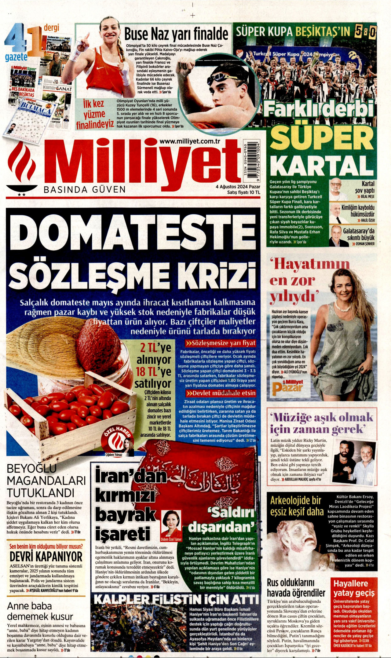 MİLLİYET gazetesinin 4 Ağustos 2024 tarihli birinci sayfası