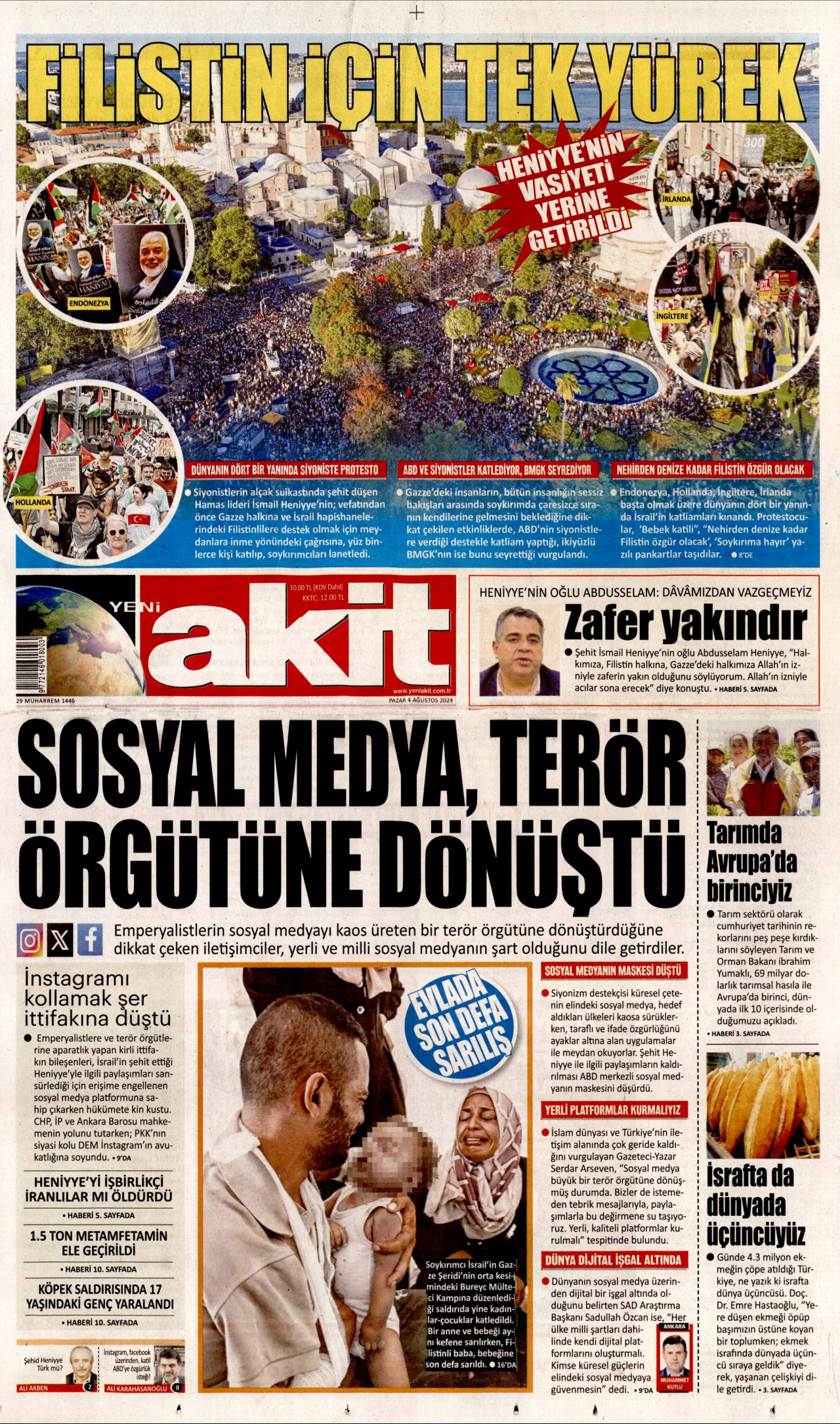 YENİ AKİT gazetesinin 4 Ağustos 2024 tarihli birinci sayfası
