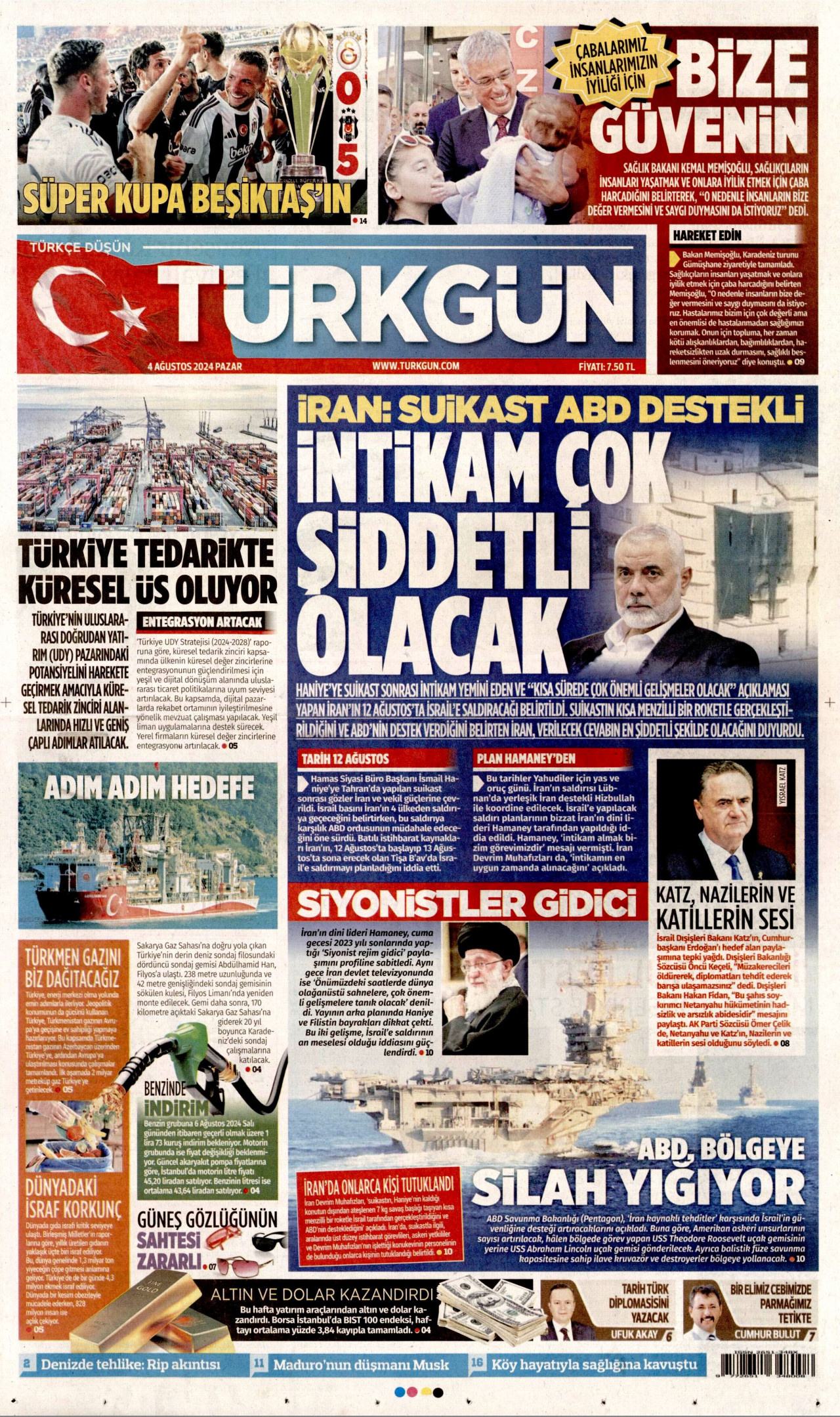 TÜRKGÜN gazetesinin 4 Ağustos 2024 tarihli birinci sayfası