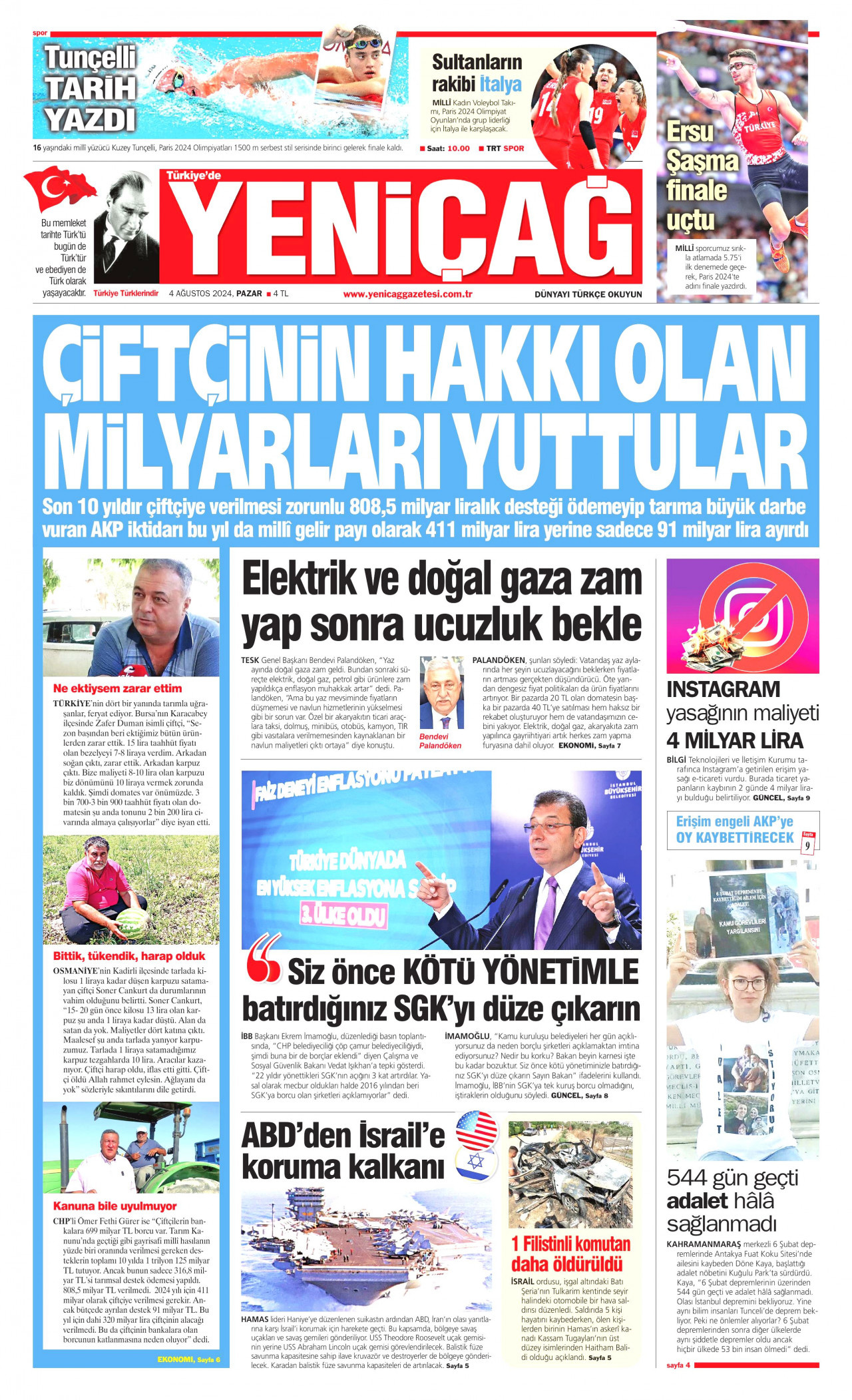 YENİÇAĞ gazetesinin 4 Ağustos 2024 tarihli birinci sayfası