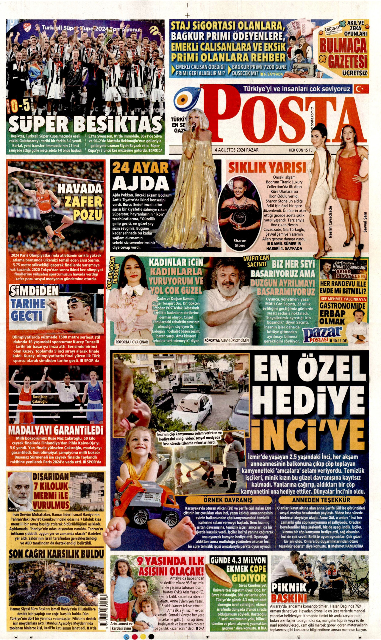 POSTA gazetesinin 4 Ağustos 2024 tarihli birinci sayfası