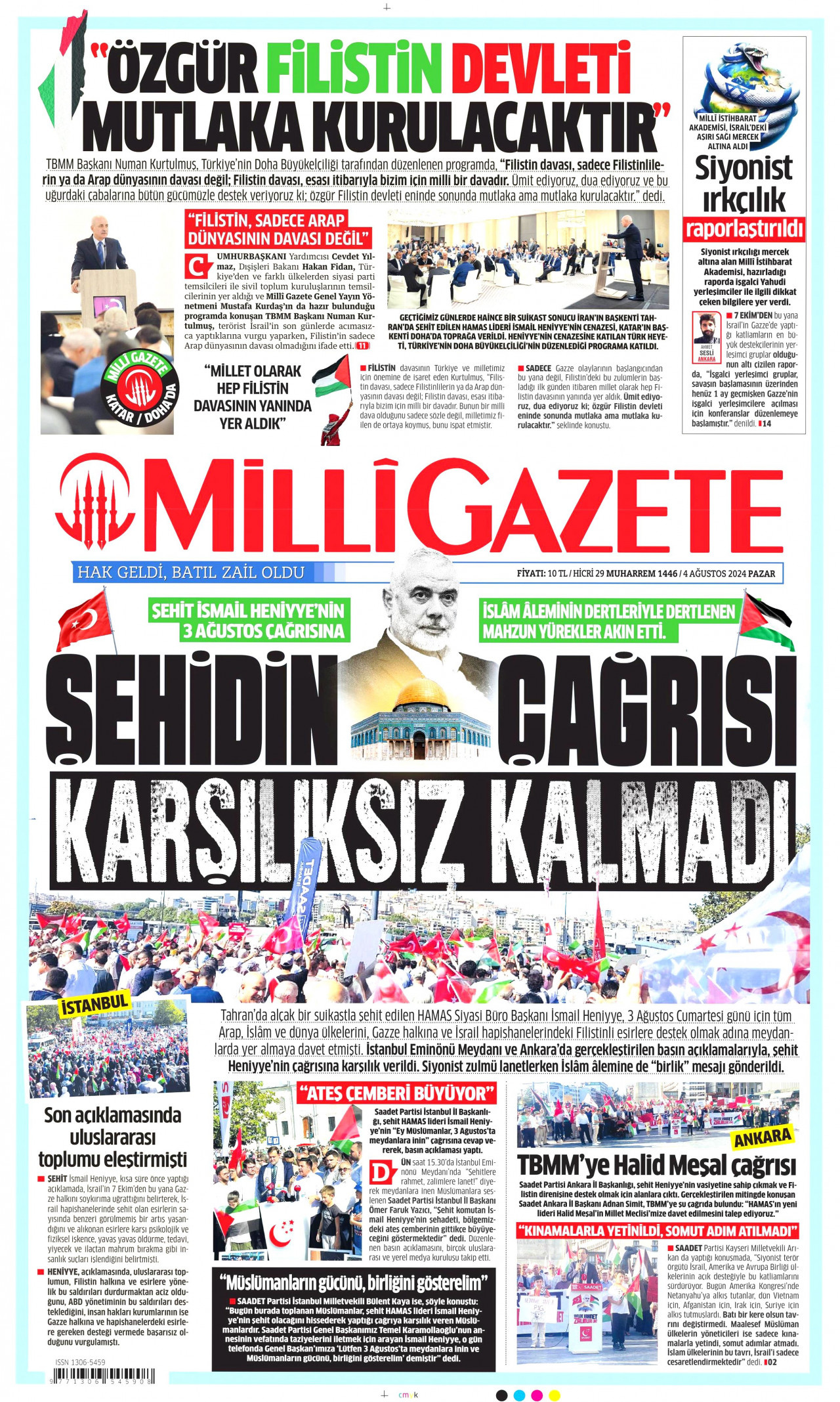 MİLLİ GAZETE gazetesinin 4 Ağustos 2024 tarihli birinci sayfası