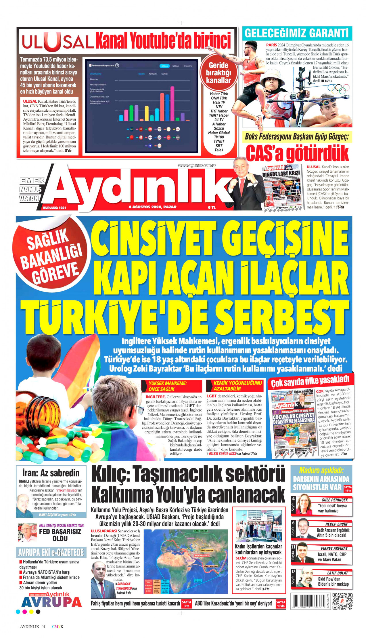 AYDINLIK GAZETESİ gazetesinin 4 Ağustos 2024 tarihli birinci sayfası