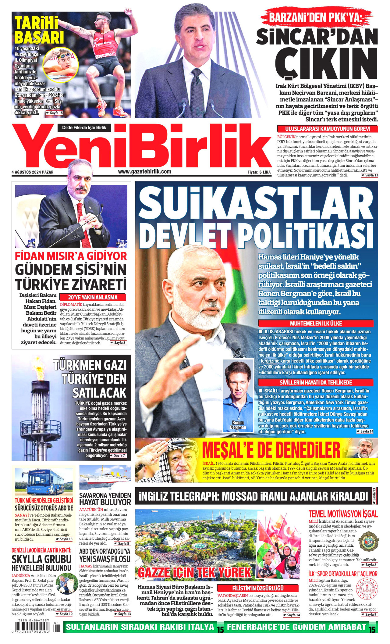 YENİBİRLİK gazetesinin 4 Ağustos 2024 tarihli birinci sayfası