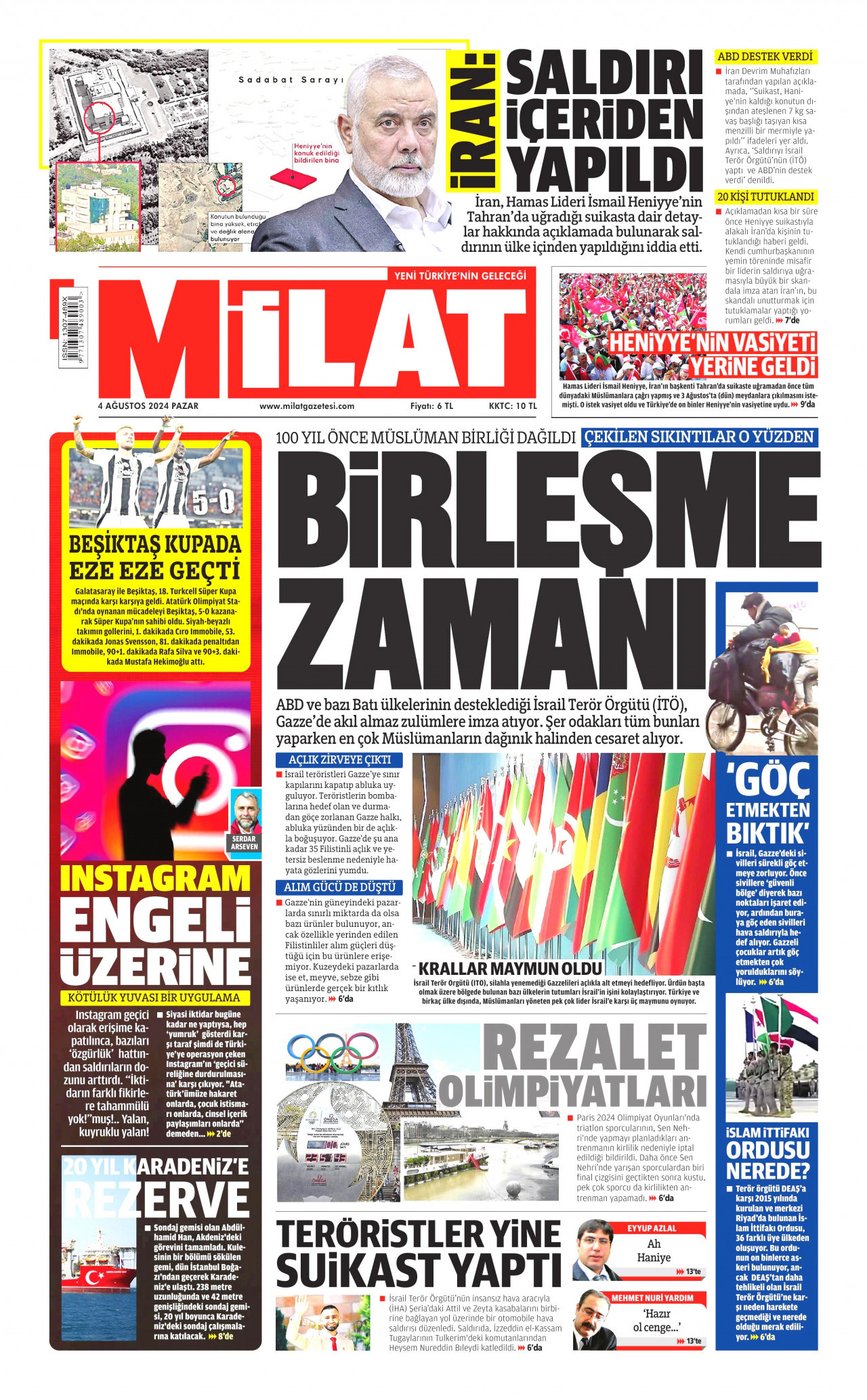 MİLAT gazetesinin 4 Ağustos 2024 tarihli birinci sayfası