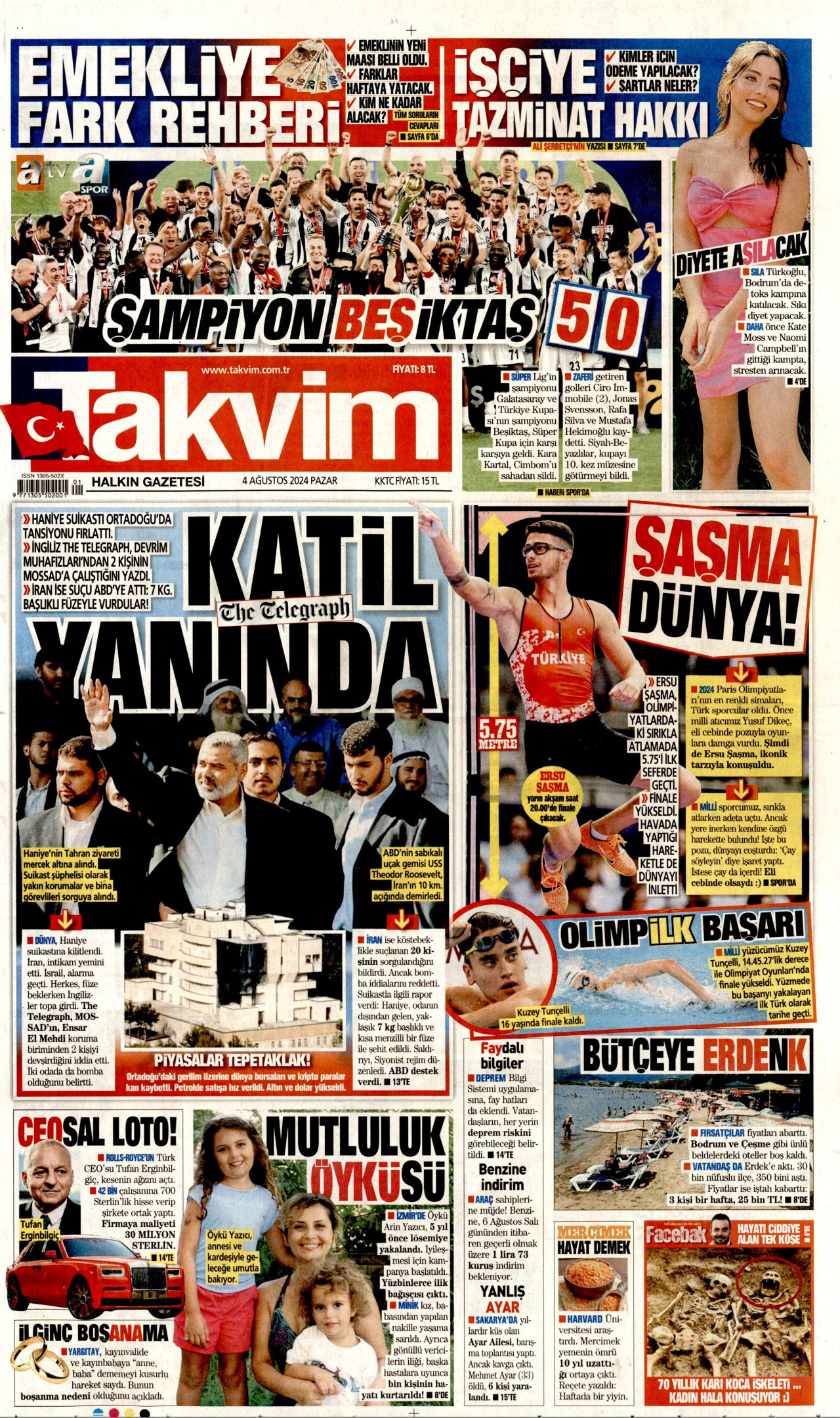 TAKVİM gazetesinin 4 Ağustos 2024 tarihli birinci sayfası