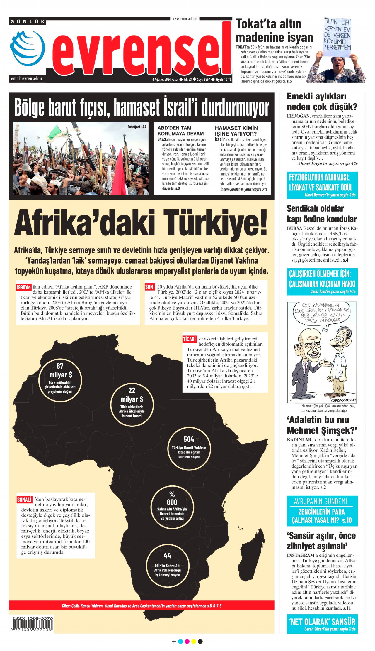 EVRENSEL gazetesinin 4 Ağustos 2024 tarihli birinci sayfası