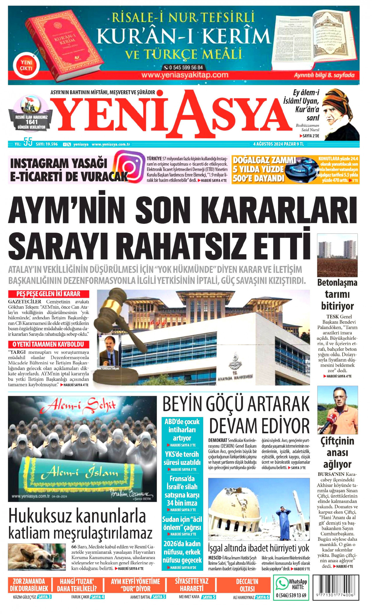 YENİ ASYA gazetesinin 4 Ağustos 2024 tarihli birinci sayfası