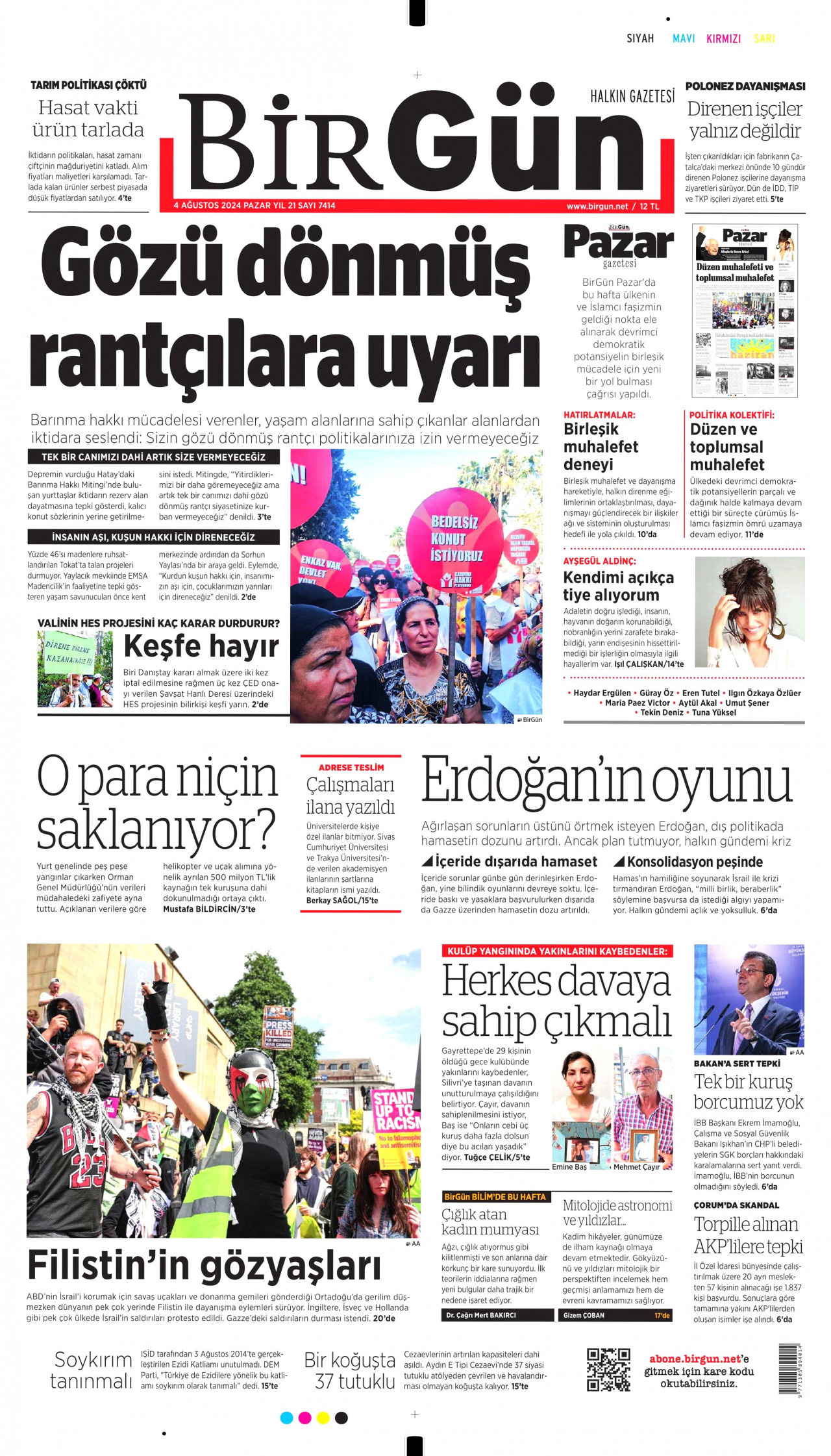 BİRGÜN gazetesinin 4 Ağustos 2024 tarihli birinci sayfası