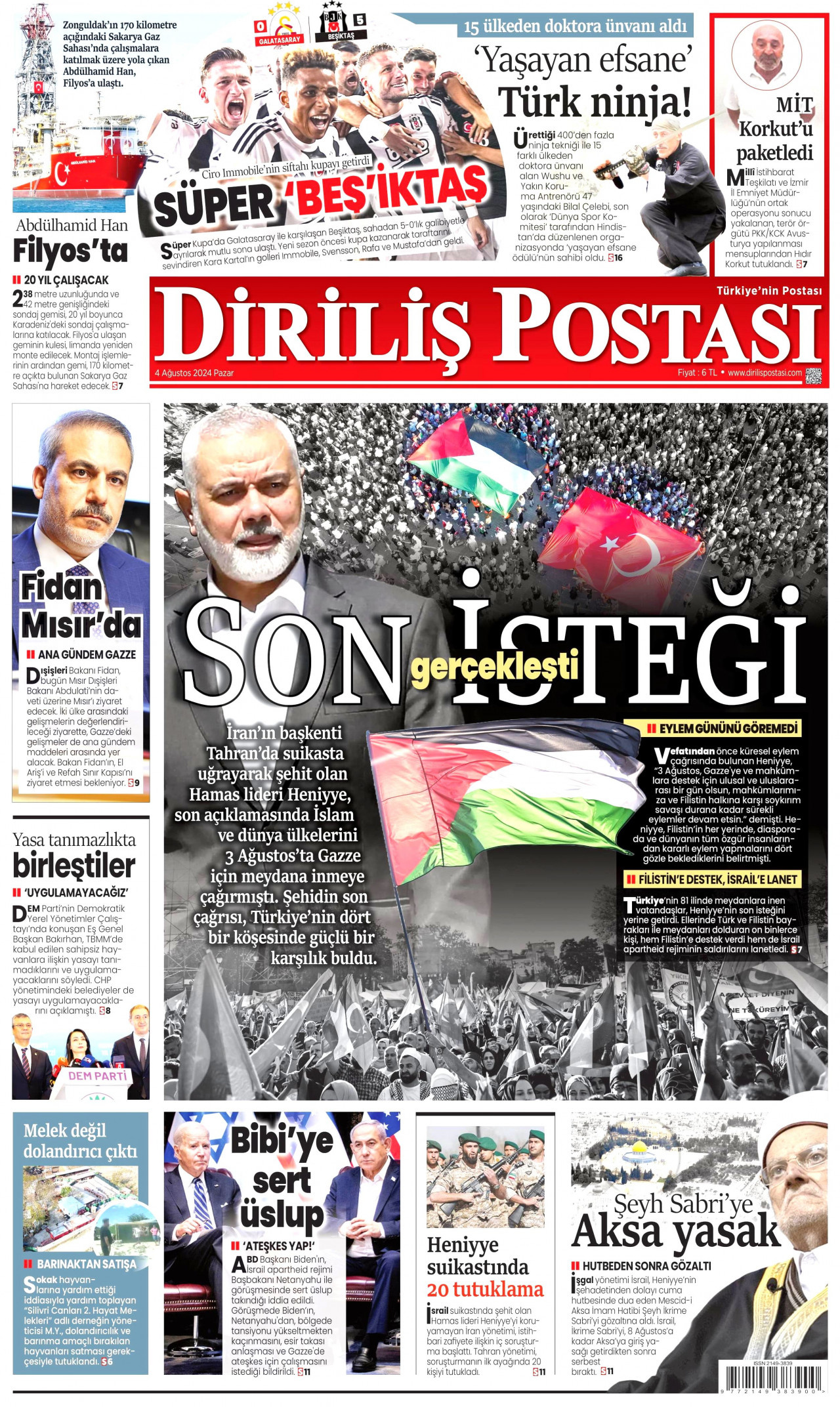 DİRİLİŞ POSTASI gazetesinin 4 Ağustos 2024 tarihli birinci sayfası