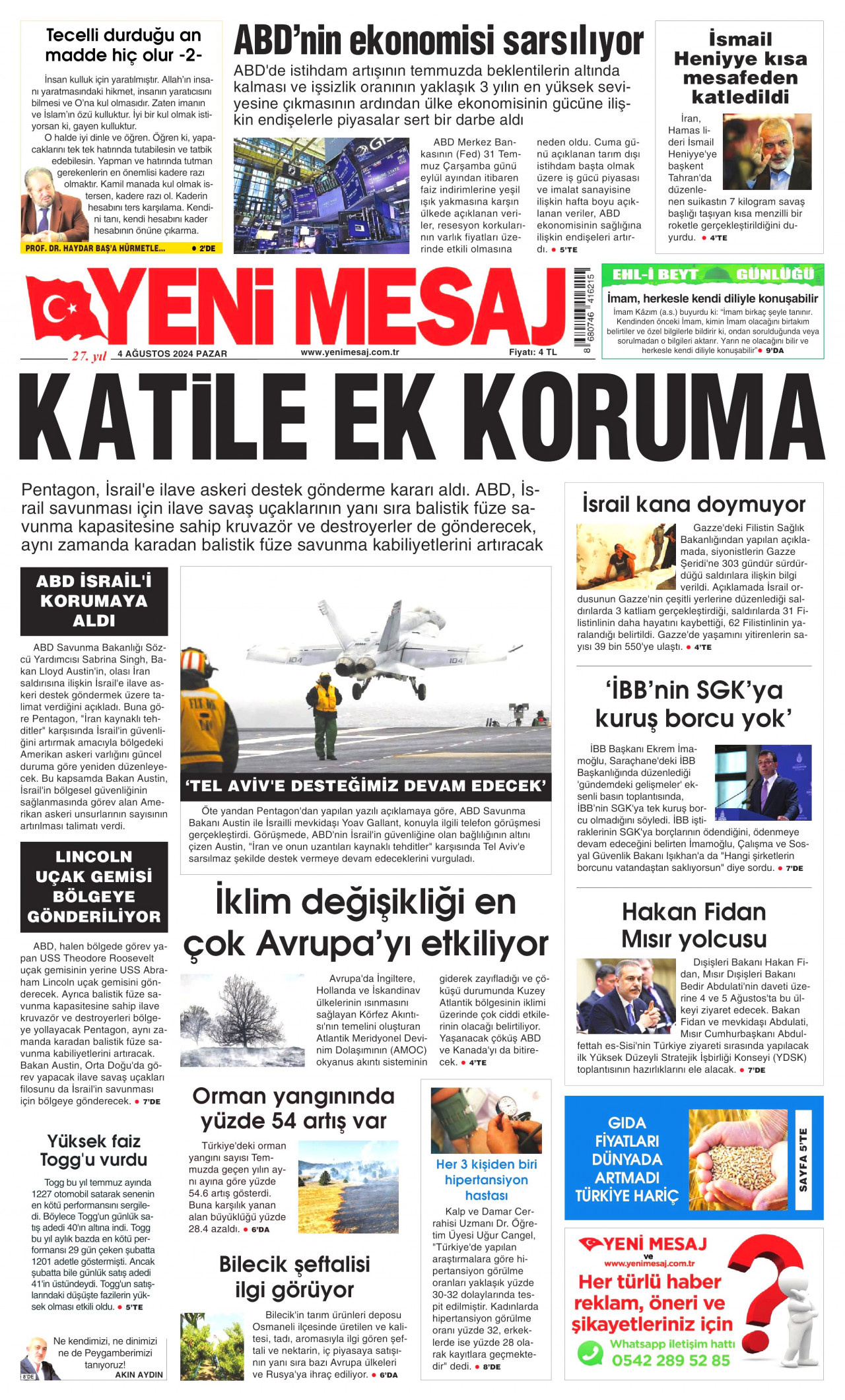 YENİ MESAJ gazetesinin 4 Ağustos 2024 tarihli birinci sayfası