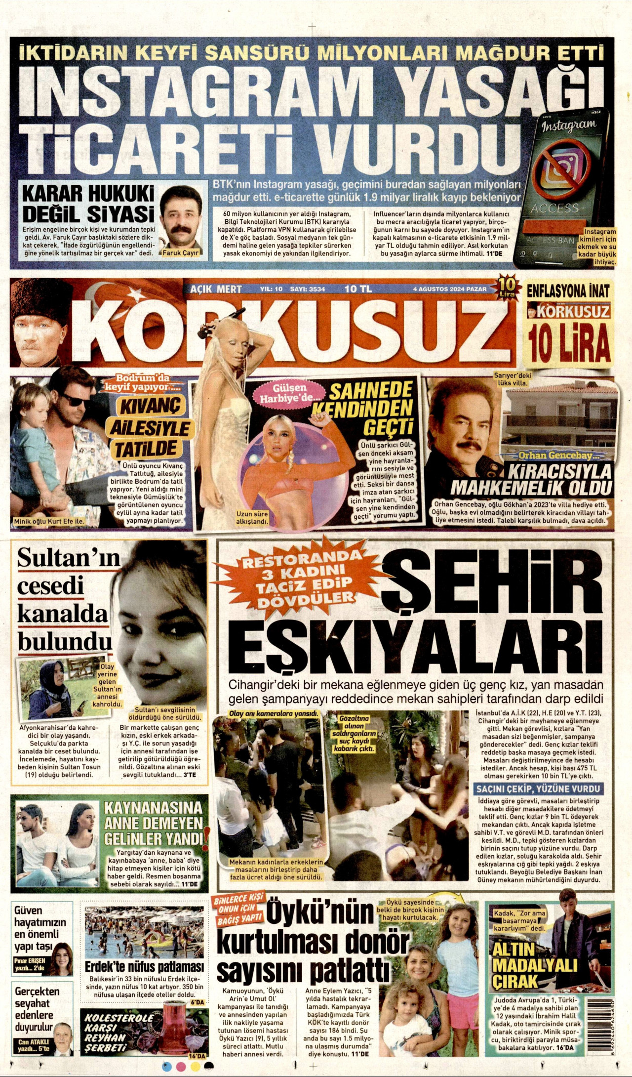 KORKUSUZ gazetesinin 4 Ağustos 2024 tarihli birinci sayfası
