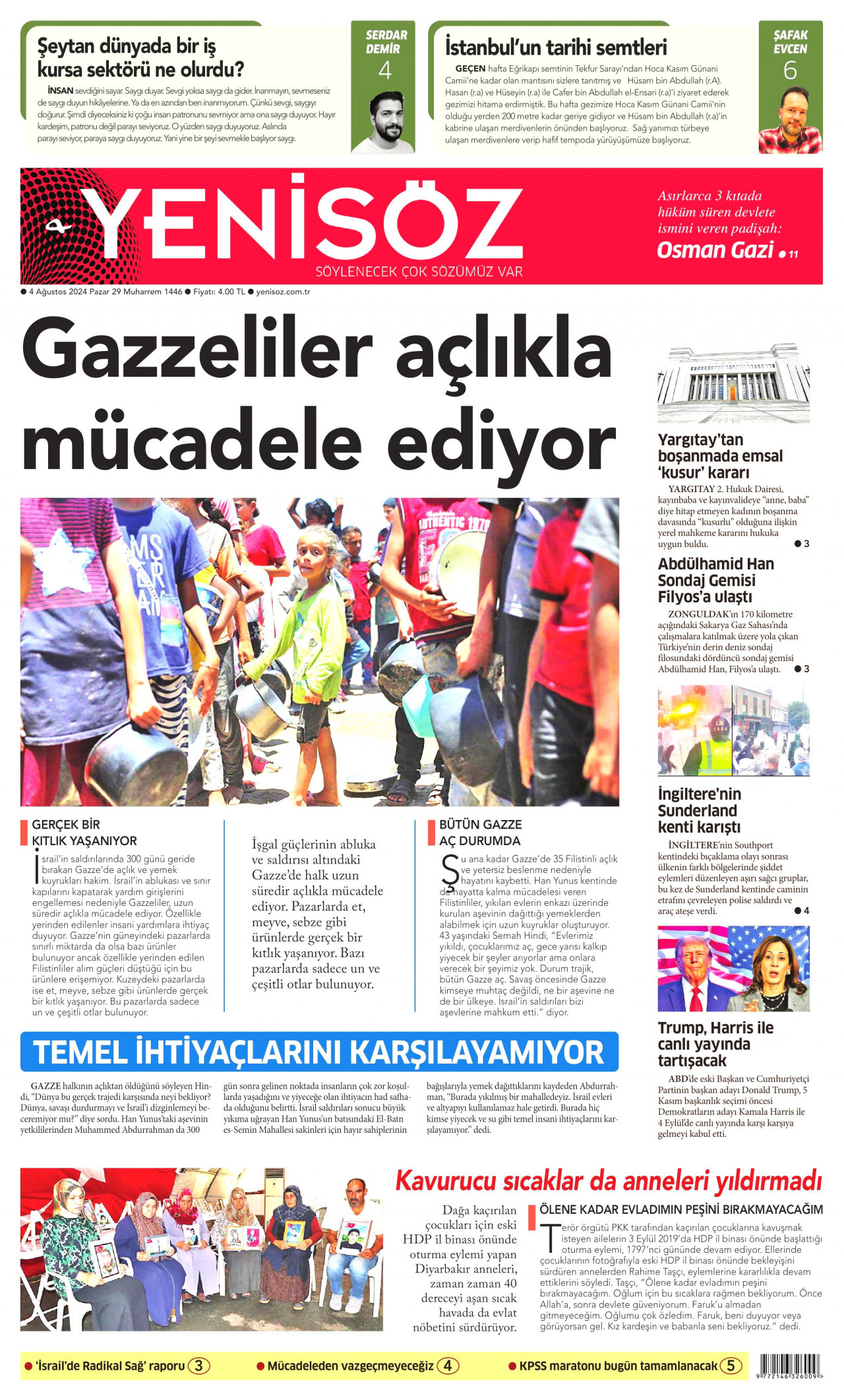 YENİ SÖZ GAZETESİ gazetesinin 4 Ağustos 2024 tarihli birinci sayfası