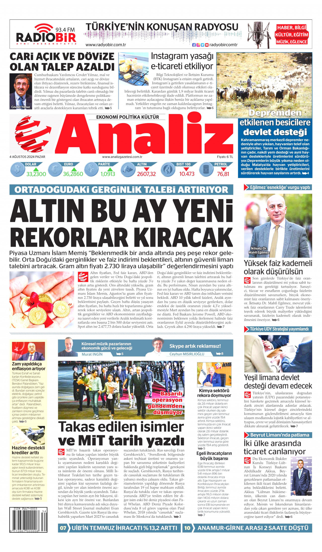 ANALİZ gazetesinin 4 Ağustos 2024 tarihli birinci sayfası