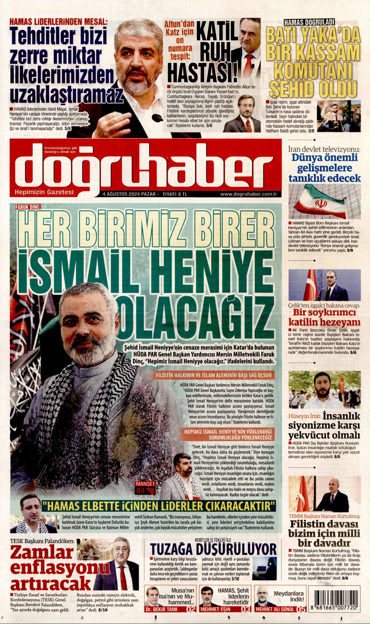 DOĞRU HABER gazetesinin 4 Ağustos 2024 tarihli birinci sayfası