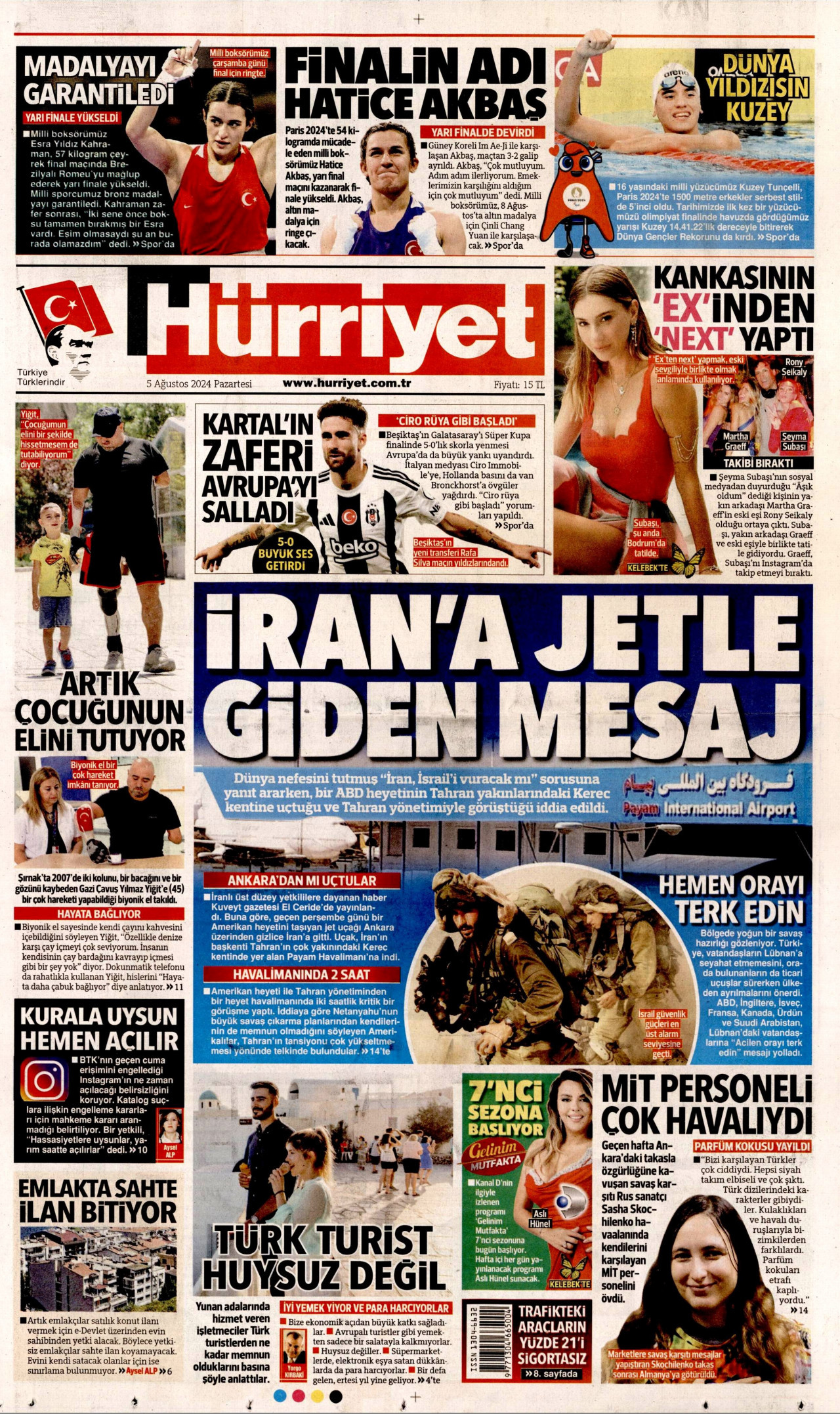 HÜRRİYET gazetesinin 5 Ağustos 2024 tarihli birinci sayfası