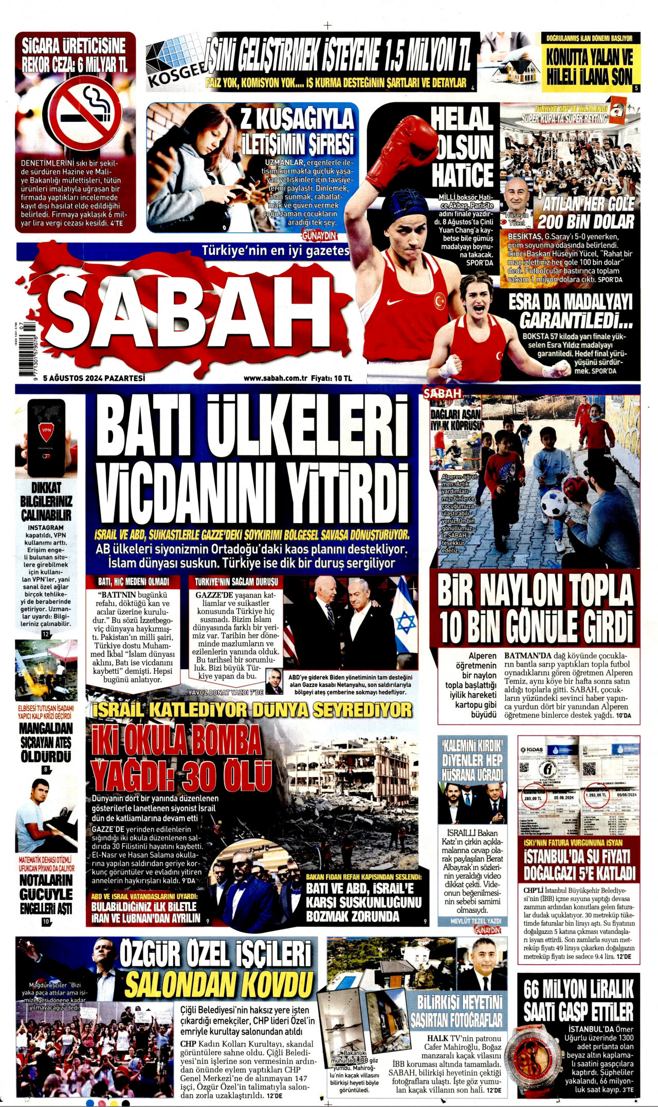 SABAH gazetesinin 5 Ağustos 2024 tarihli birinci sayfası