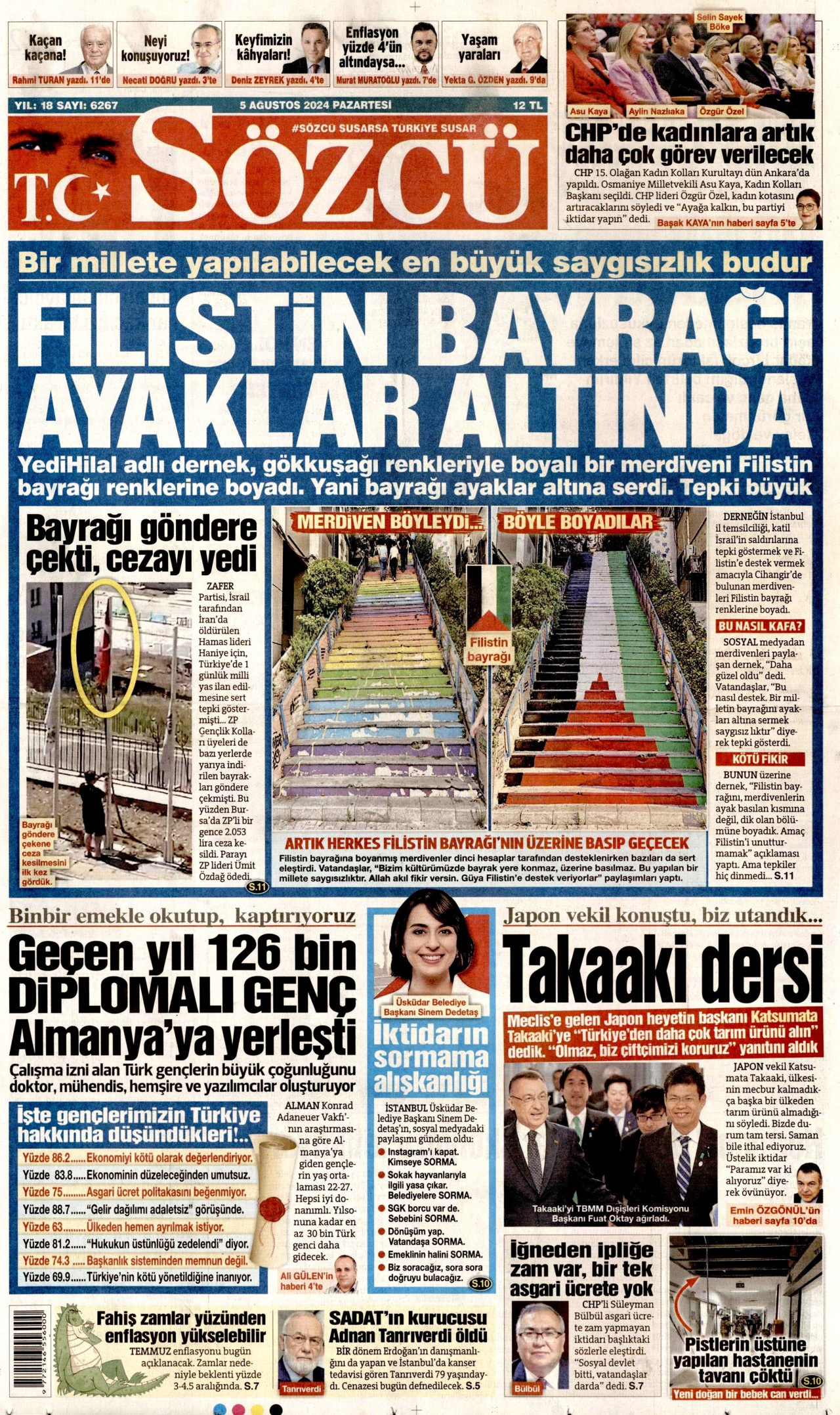 SÖZCÜ gazetesinin 5 Ağustos 2024 tarihli birinci sayfası