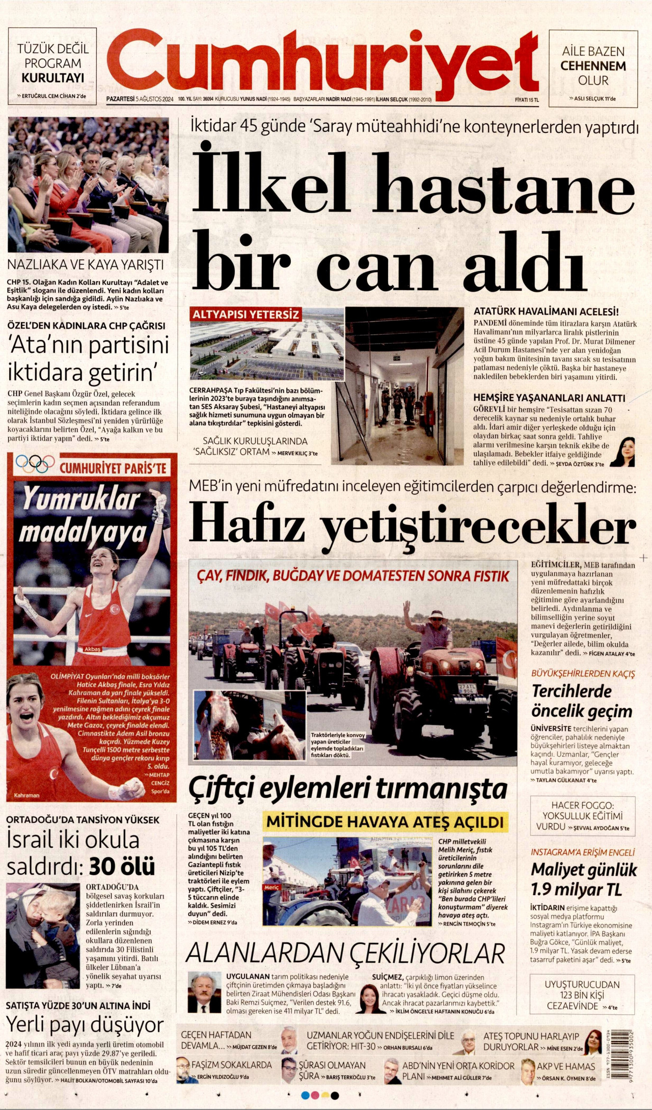 CUMHURİYET gazetesinin 5 Ağustos 2024 tarihli birinci sayfası