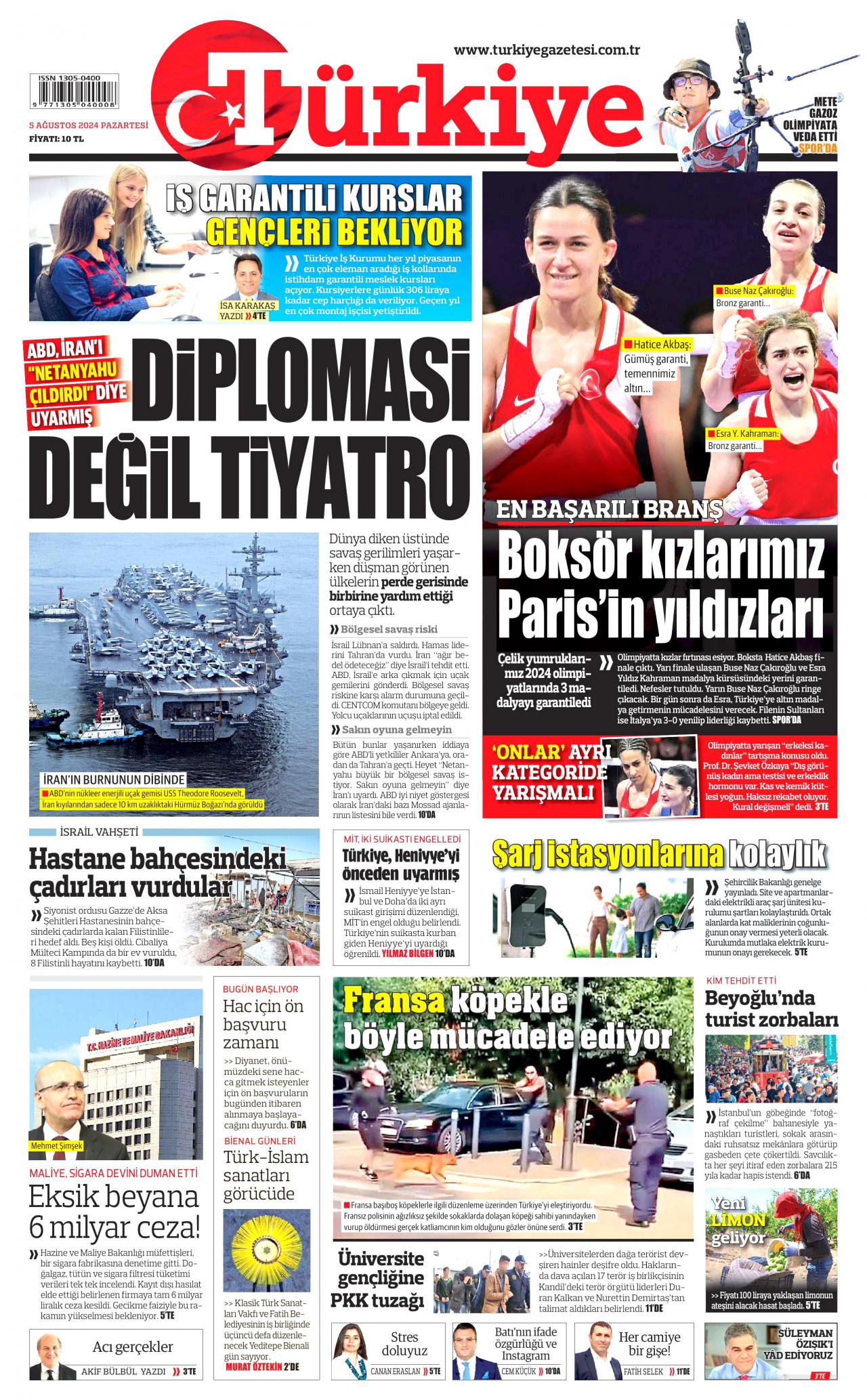 TÜRKİYE GAZETESİ gazetesinin 5 Ağustos 2024 tarihli birinci sayfası
