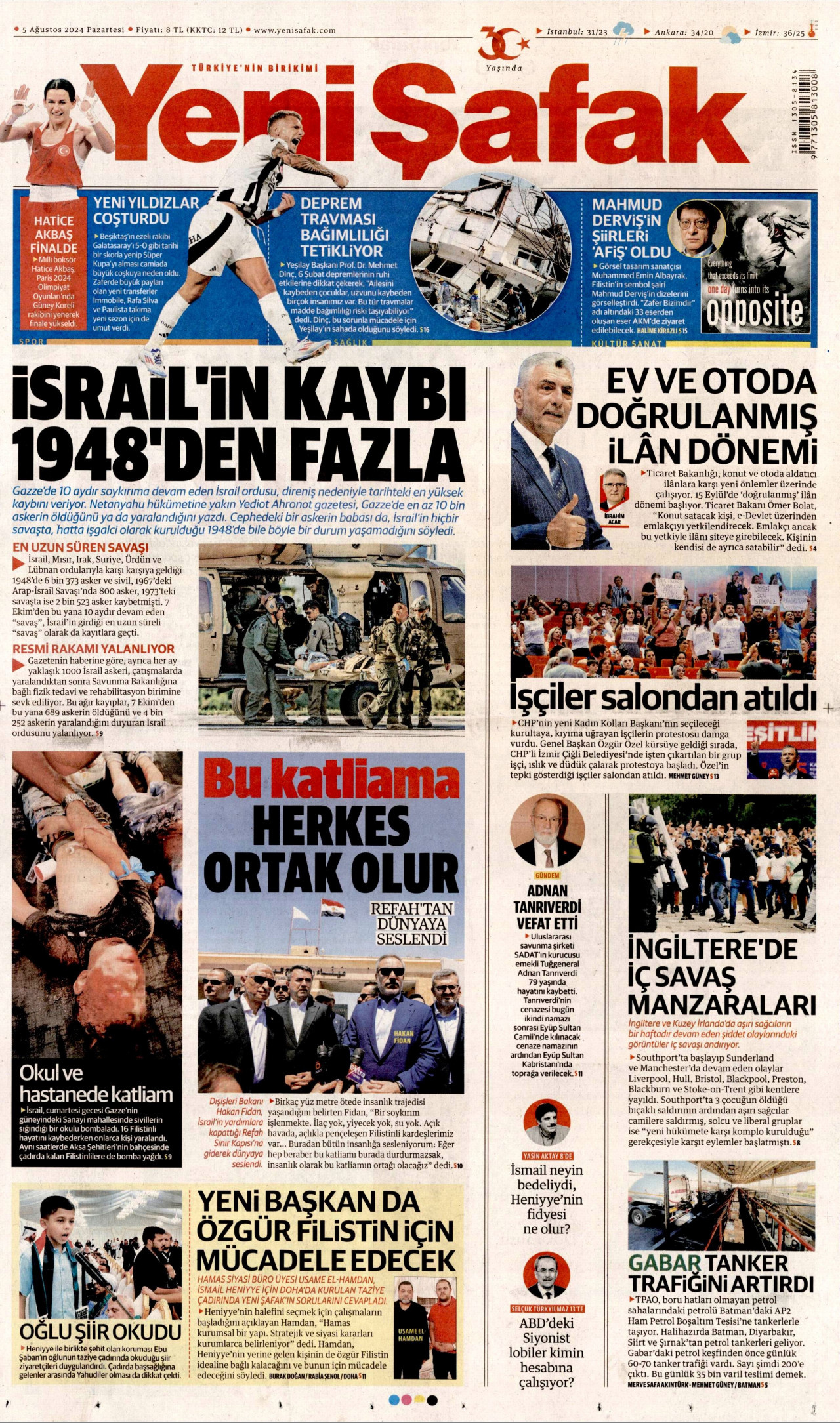 YENİ ŞAFAK gazetesinin 5 Ağustos 2024 tarihli birinci sayfası
