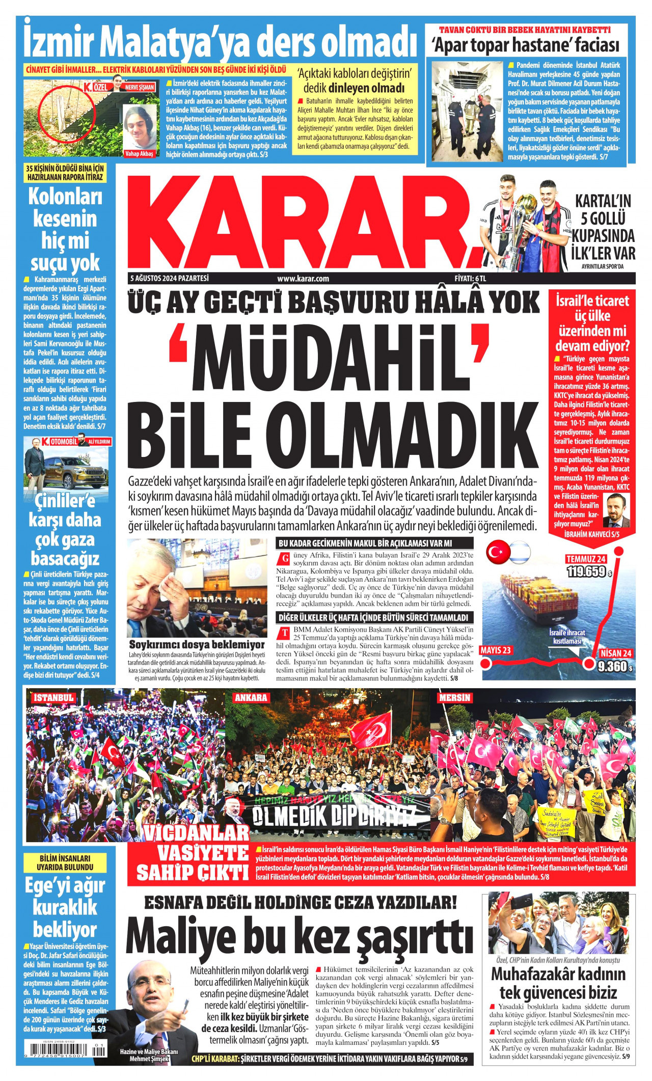 KARAR gazetesinin 5 Ağustos 2024 tarihli birinci sayfası