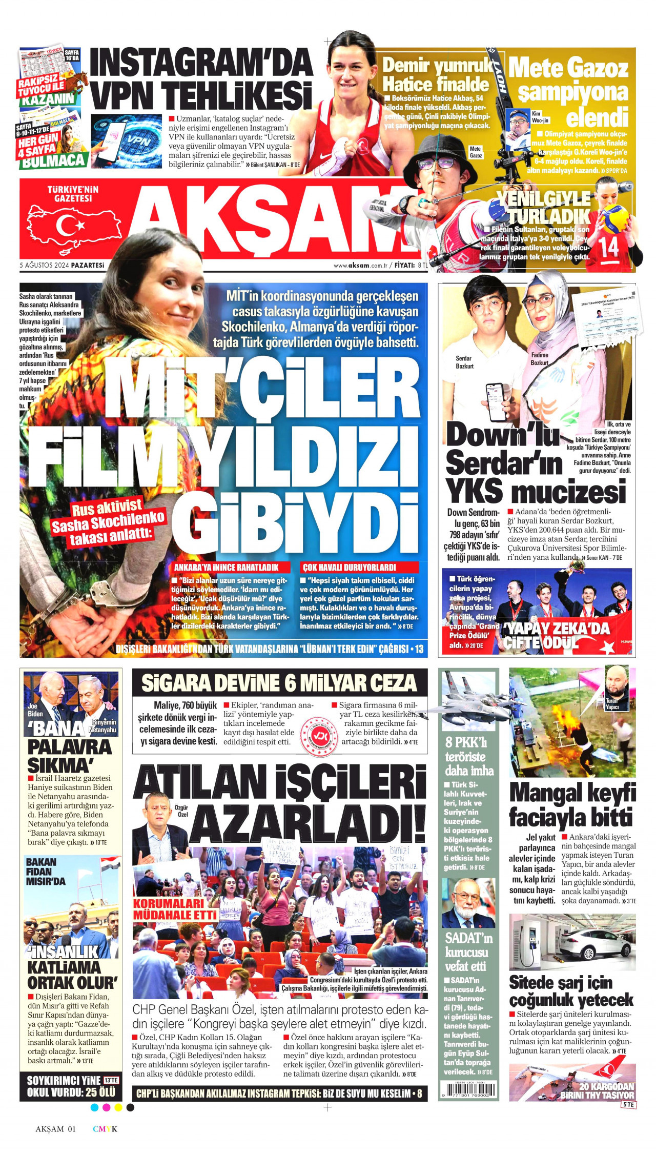 AKŞAM gazetesinin 5 Ağustos 2024 tarihli birinci sayfası