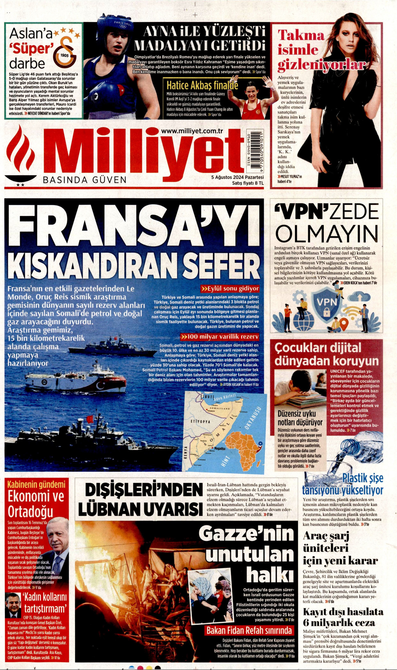 MİLLİYET gazetesinin 5 Ağustos 2024 tarihli birinci sayfası