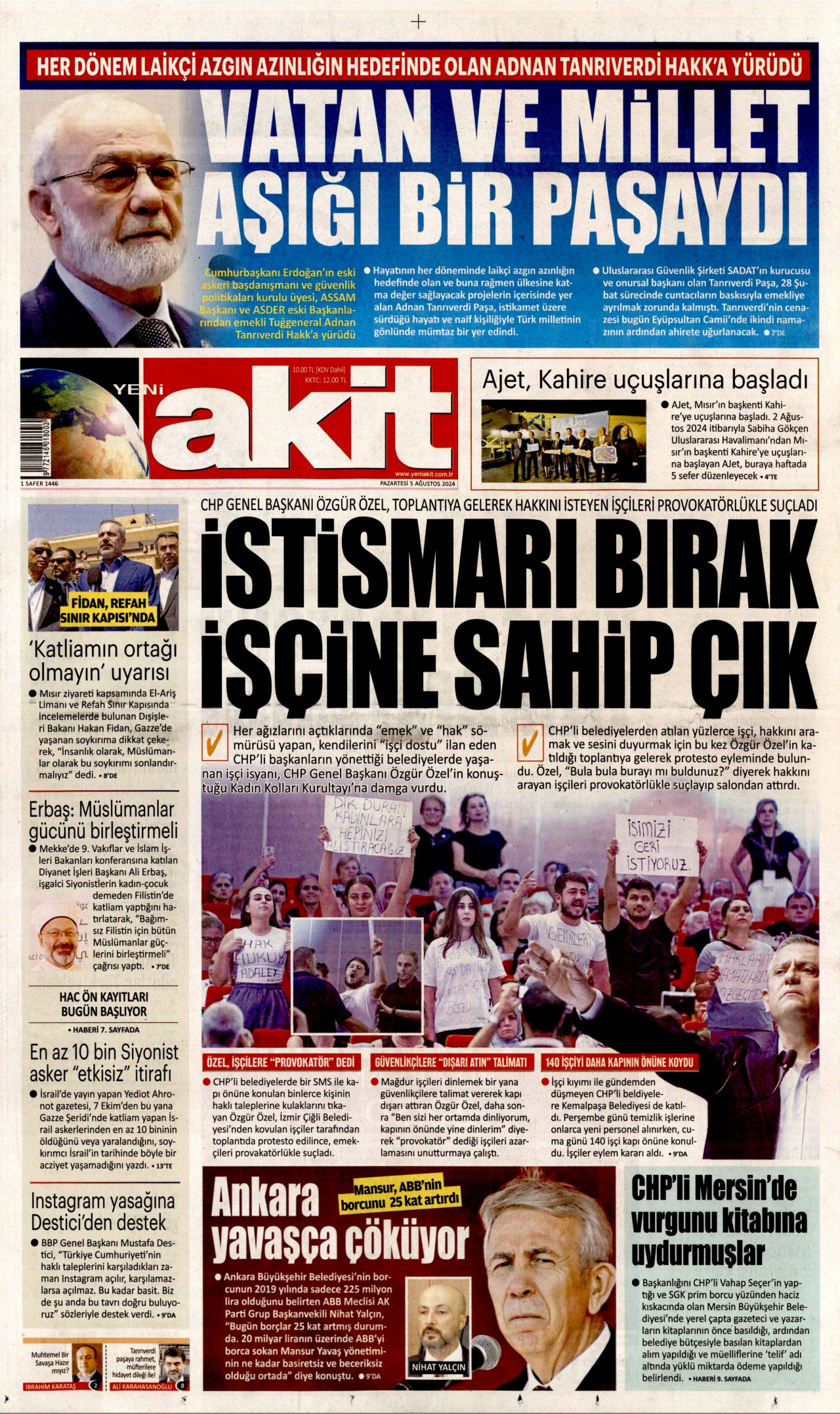 YENİ AKİT gazetesinin 5 Ağustos 2024 tarihli birinci sayfası