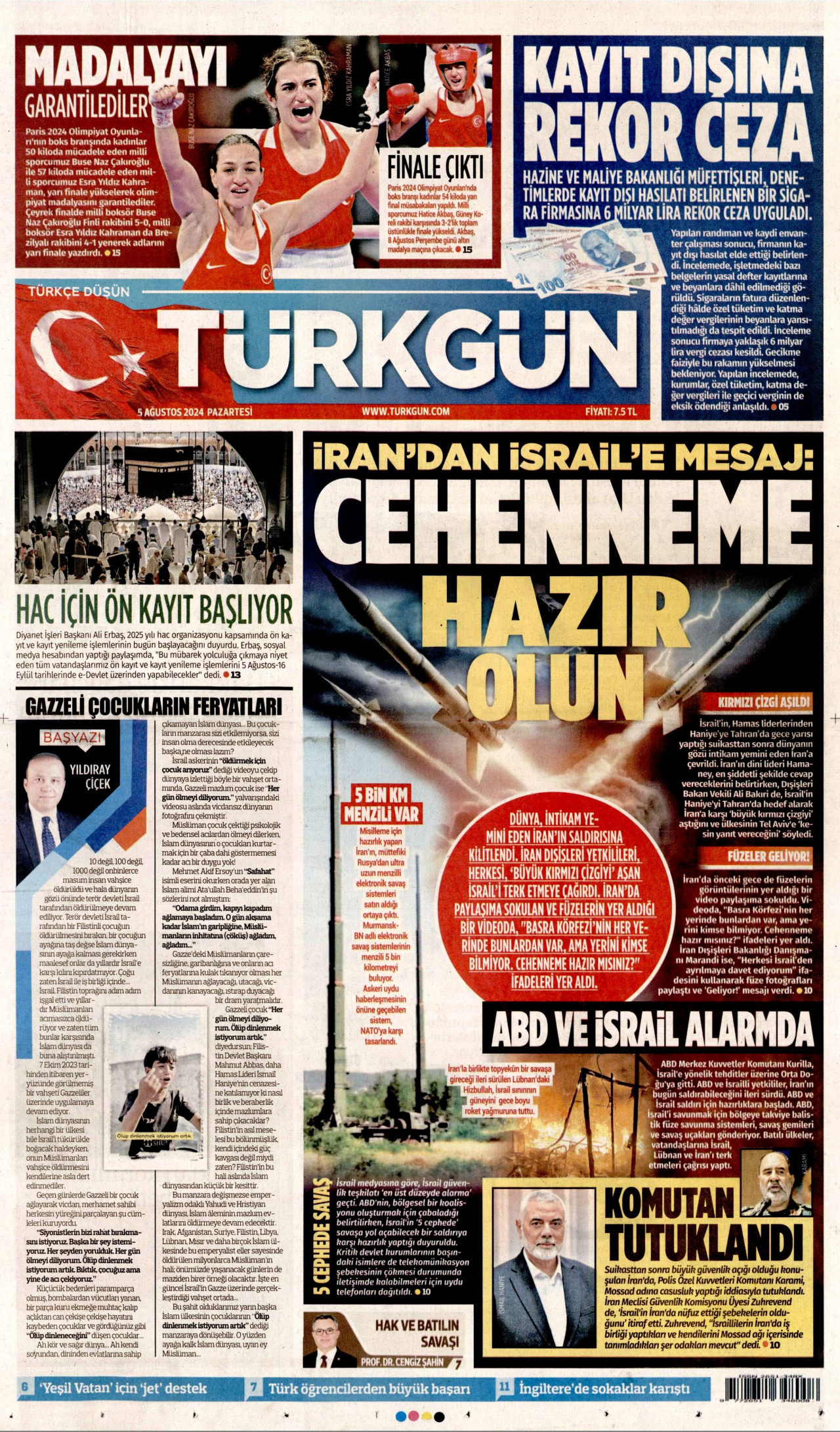 TÜRKGÜN gazetesinin 5 Ağustos 2024 tarihli birinci sayfası