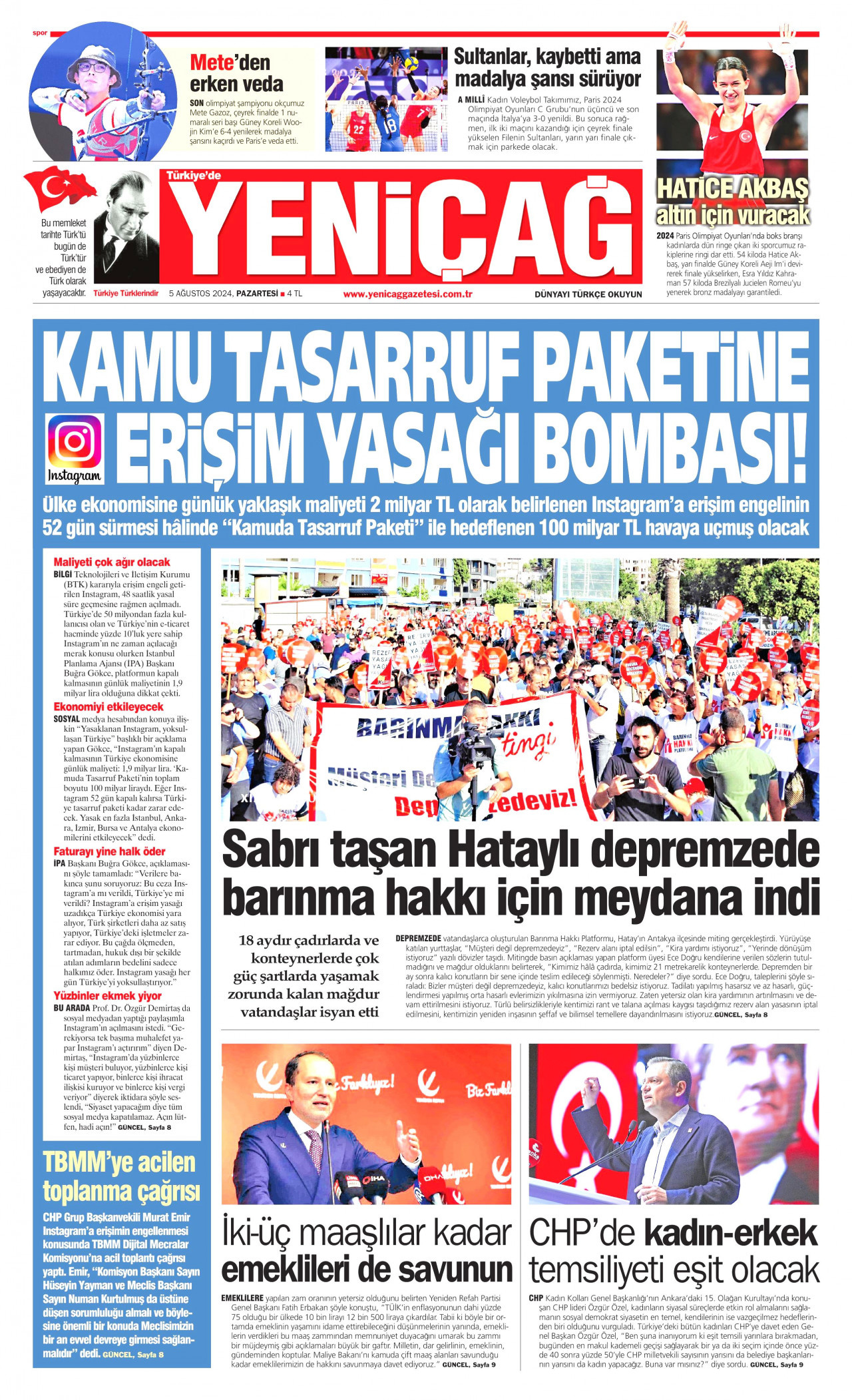 YENİÇAĞ gazetesinin 5 Ağustos 2024 tarihli birinci sayfası