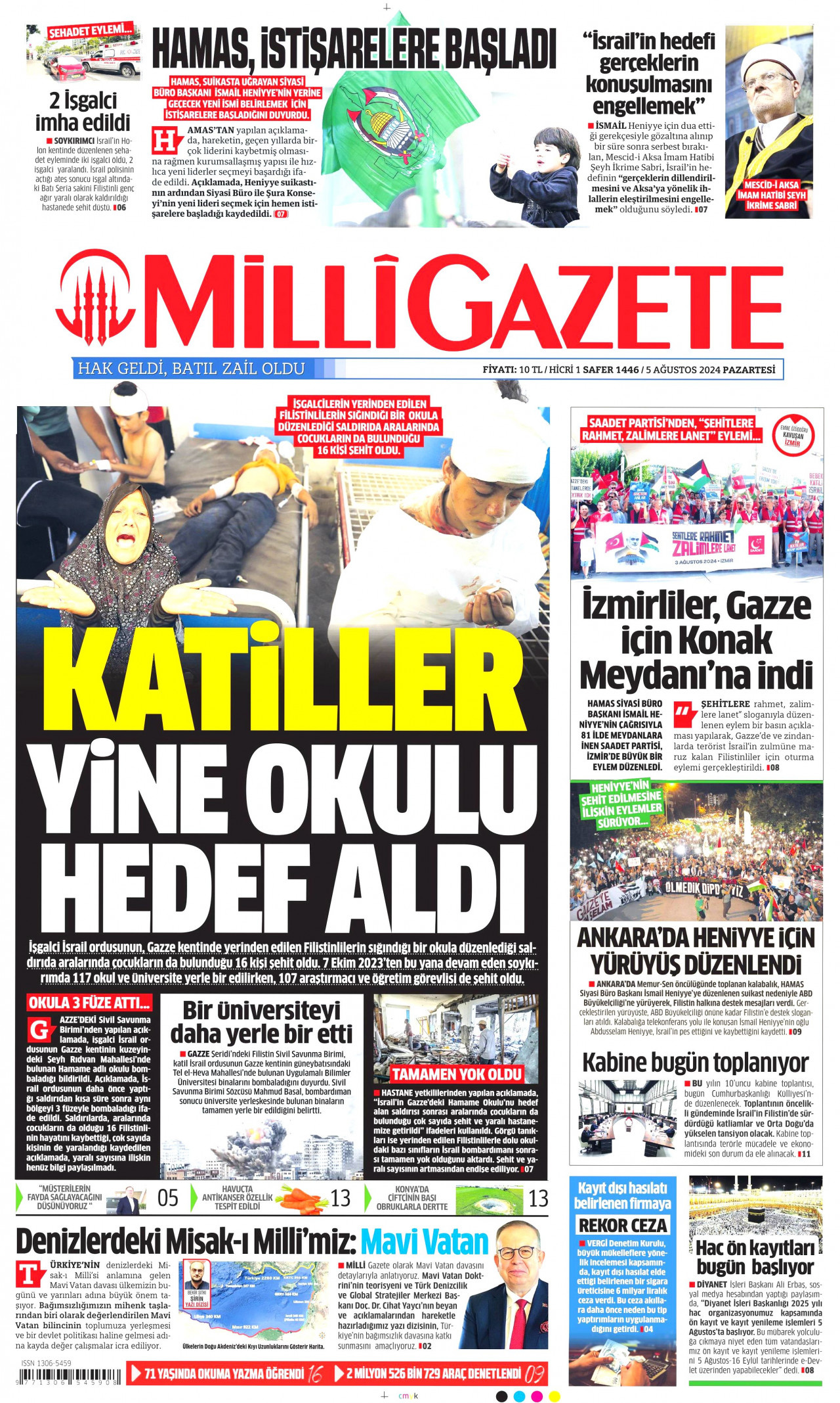 MİLLİ GAZETE gazetesinin 5 Ağustos 2024 tarihli birinci sayfası