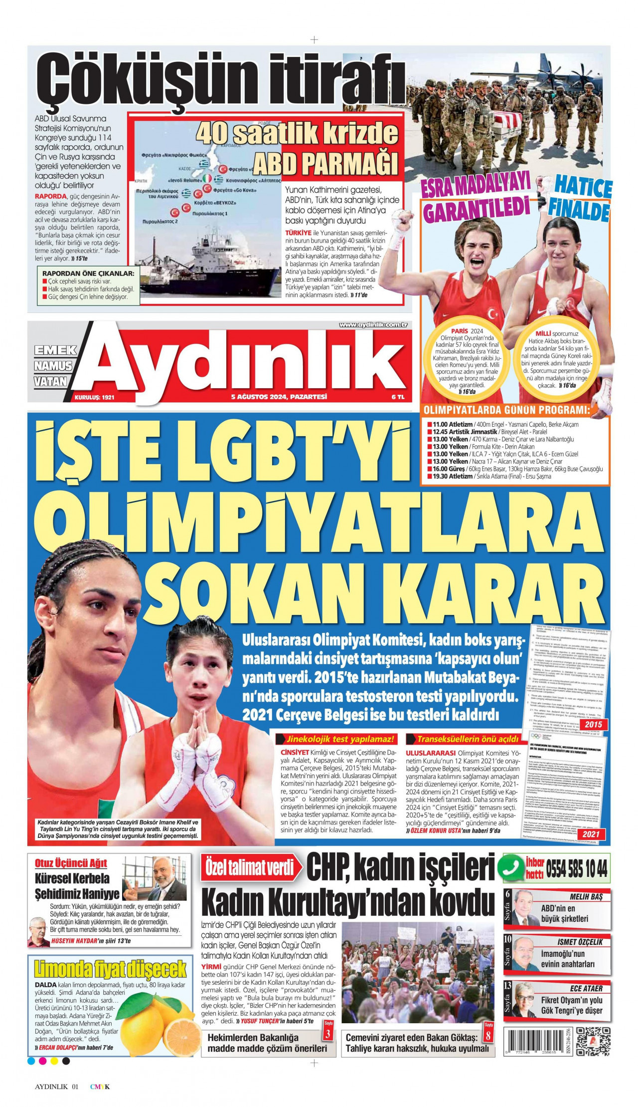 AYDINLIK GAZETESİ gazetesinin 5 Ağustos 2024 tarihli birinci sayfası