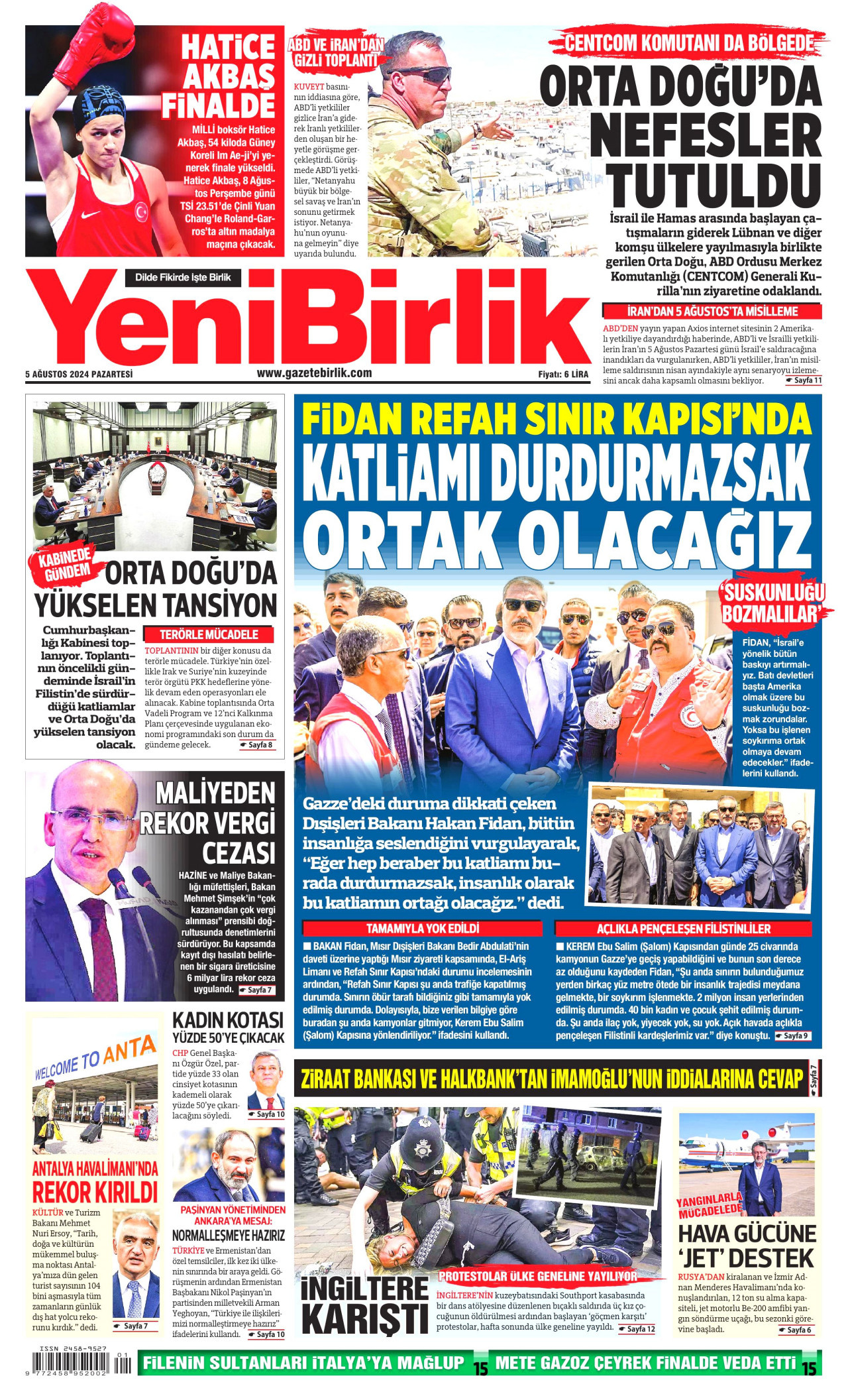 YENİBİRLİK gazetesinin 5 Ağustos 2024 tarihli birinci sayfası