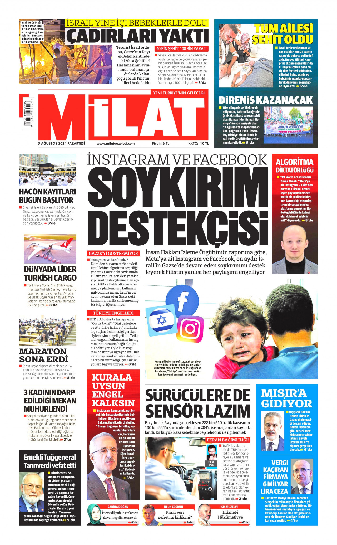 MİLAT gazetesinin 5 Ağustos 2024 tarihli birinci sayfası