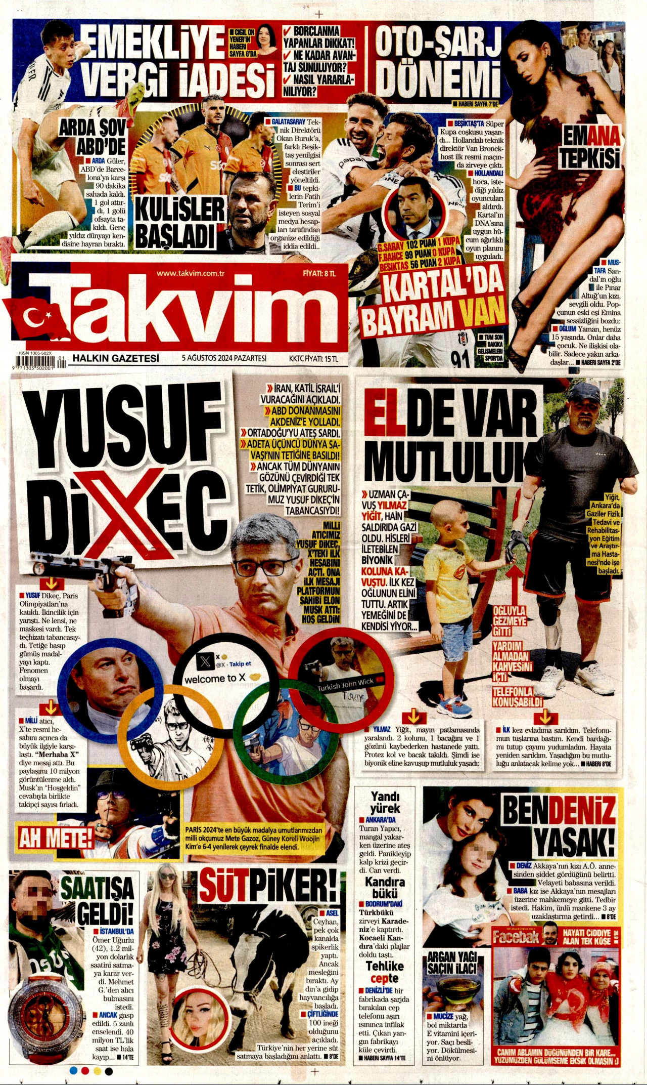 TAKVİM gazetesinin 5 Ağustos 2024 tarihli birinci sayfası