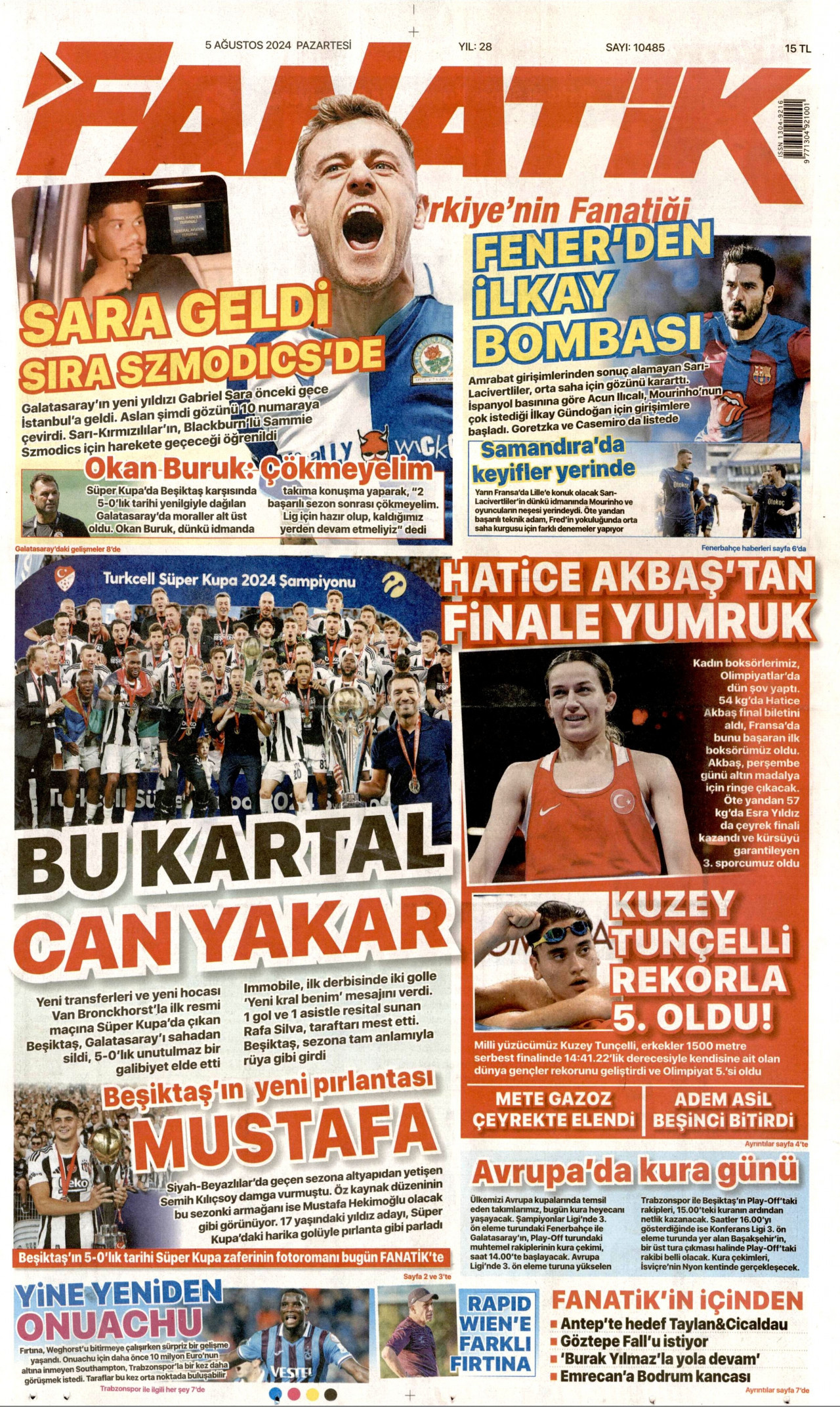FANATİK gazetesinin 5 Ağustos 2024 tarihli birinci sayfası